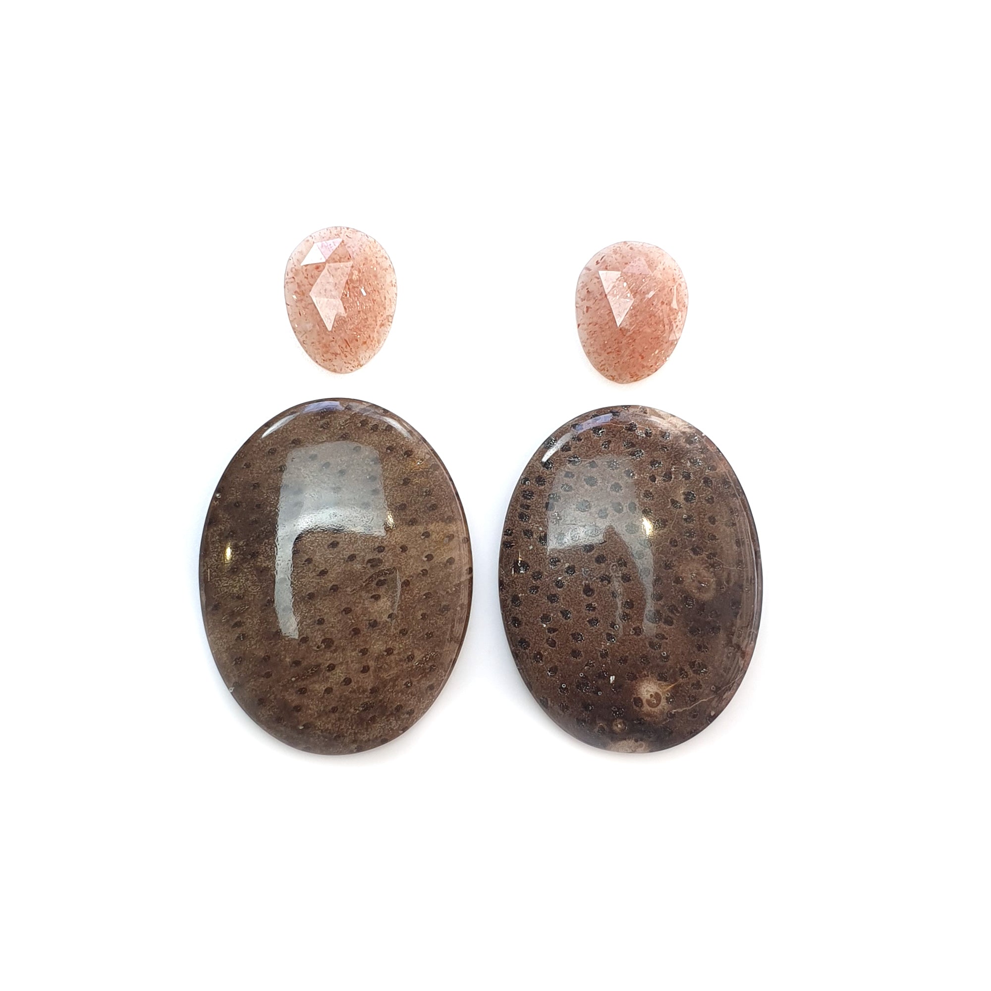 Natural Untreated Botswana Agate Sunstone & Peach Moonstone Gemstone Rose Cut Cabochon - Bi-Color Agate Egg Oval Shape 4pc Set for Jewelry Making, Wire Wrapping & Crystal Healing