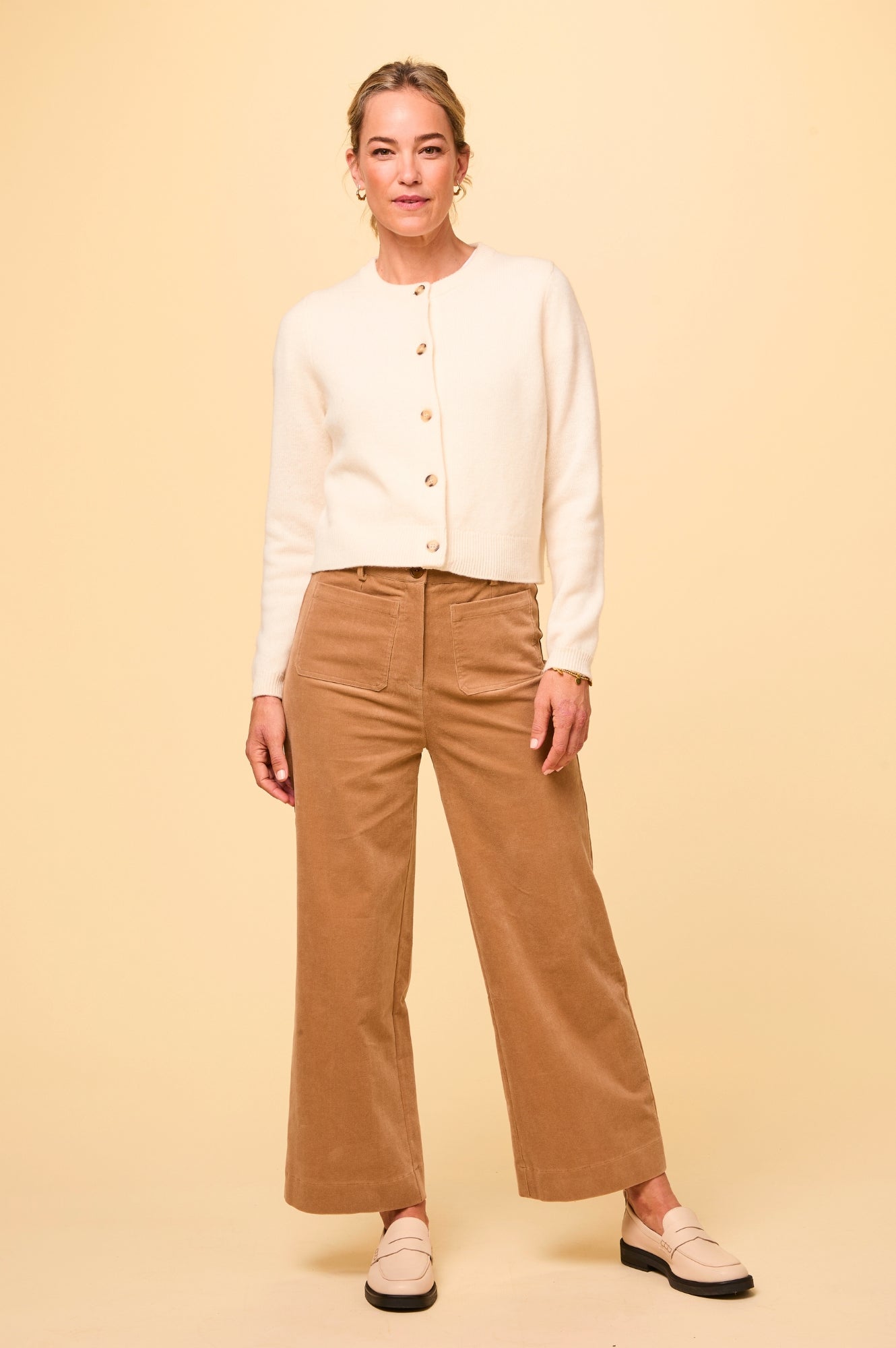 Kendal Cropped Stretch Corduroy Pants for Women | High Waisted Comfort Fit | Camel Brown Casual Trousers | Perfect for Work, Date Night & Fall Outfits