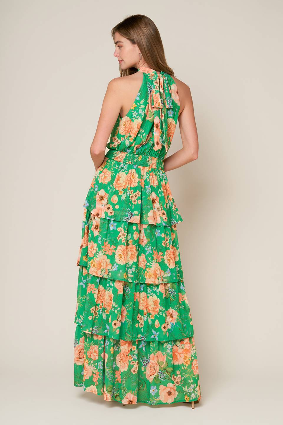 Porcelain Bloom Green Floral Halter Maxi Dress - Elegant Summer Beach Wedding Party Outfit for Women