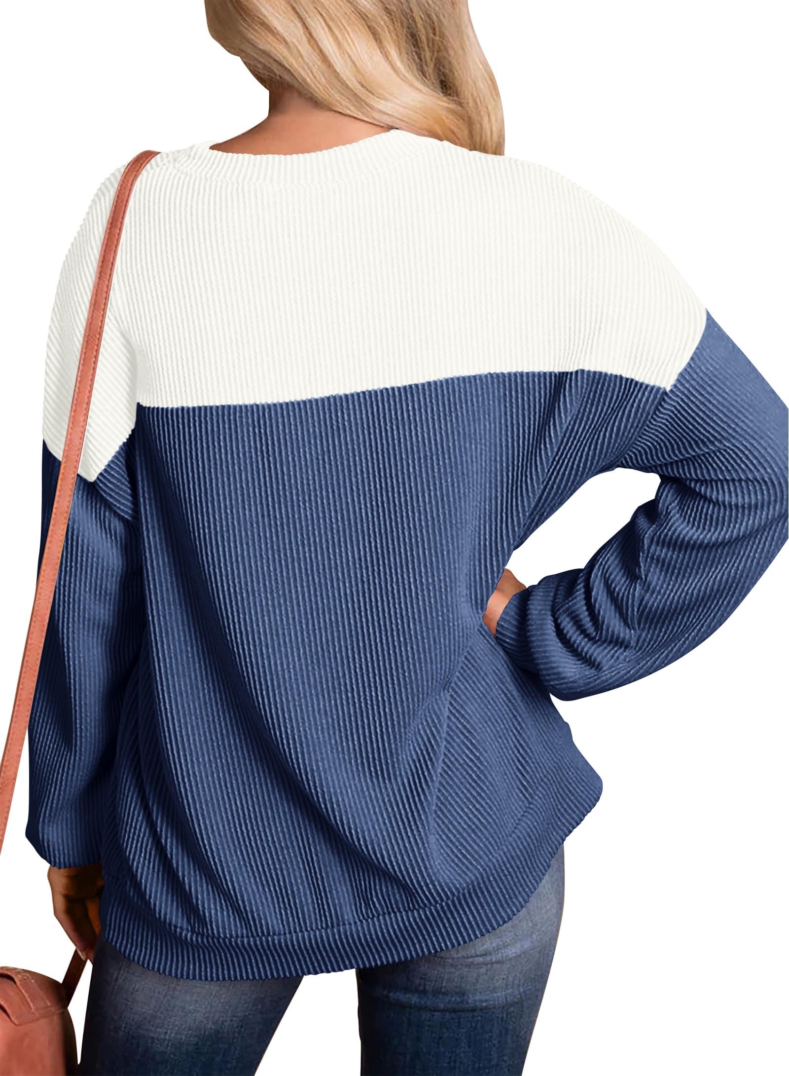 KIRUNDO Women's Ribbed Long Sleeve Knit Top - Color Block Casual Crewneck Pullover Shirt | Spring Fashion 2025 | Loose Fit Comfortable Clothing for Work, Travel & Daily Wear