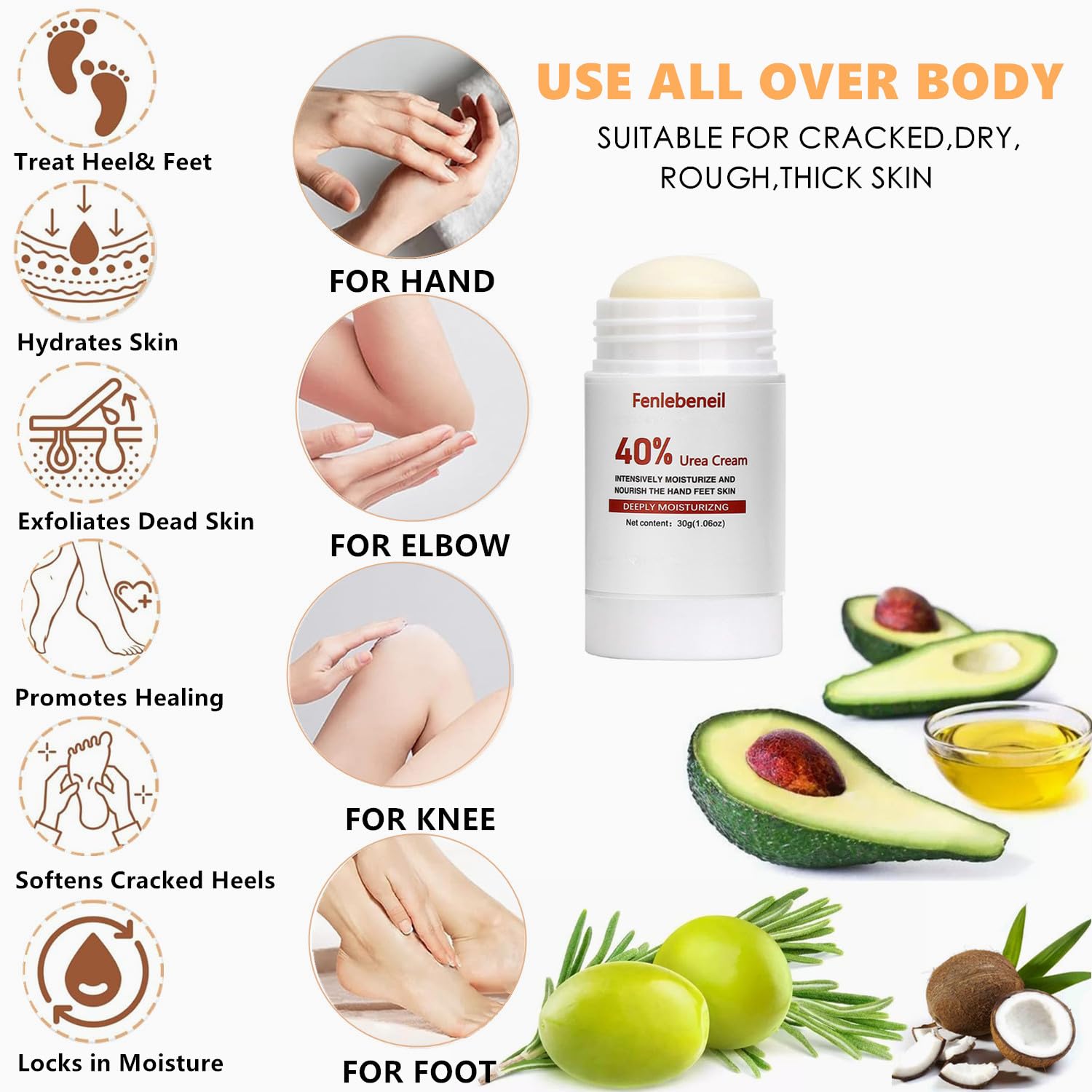 40% Urea Cream for Dry Cracked Heels & Hands - Intense Moisturizing Foot Balm Stick - Cracked Heel Repair Treatment for Women & Men - 1.06Oz - Perfect for Dry Skin Care & Foot Spa Treatments