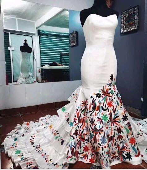 Vibrant Multicolor Embroidered Mexican Wedding Dress with 5-Layer Mermaid Train - Elegant Quinceañera Gown for 2025 | Perfect for Sweet 16, Quince Celebration & Formal Evening Events