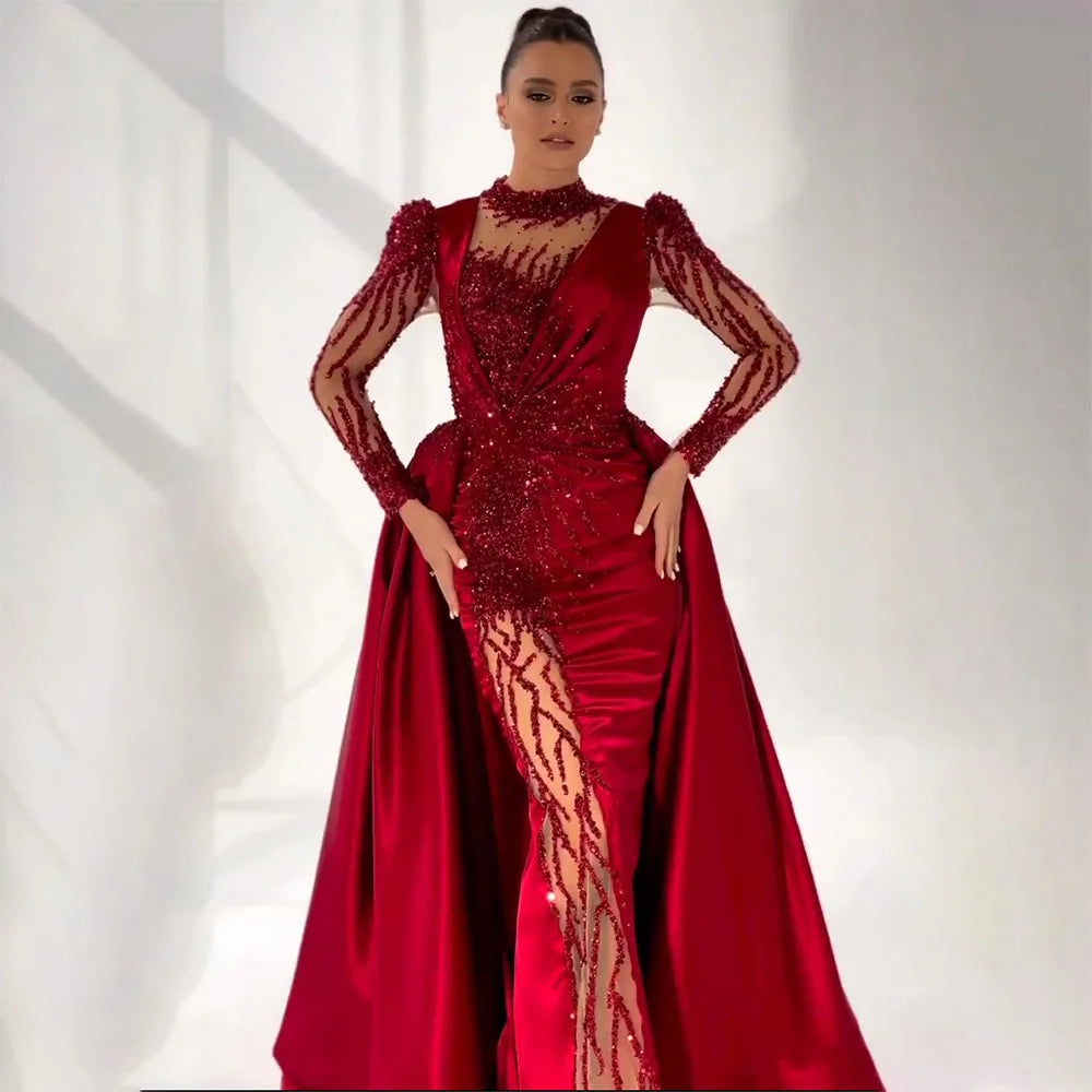 Serene Hill Wine Red Mermaid Luxury Lace Beaded Satin Evening Dress - Dubai Formal Gown for Women 2025 | Wedding, Party, Prom, Gala & Special Occasion Wear | LA72202