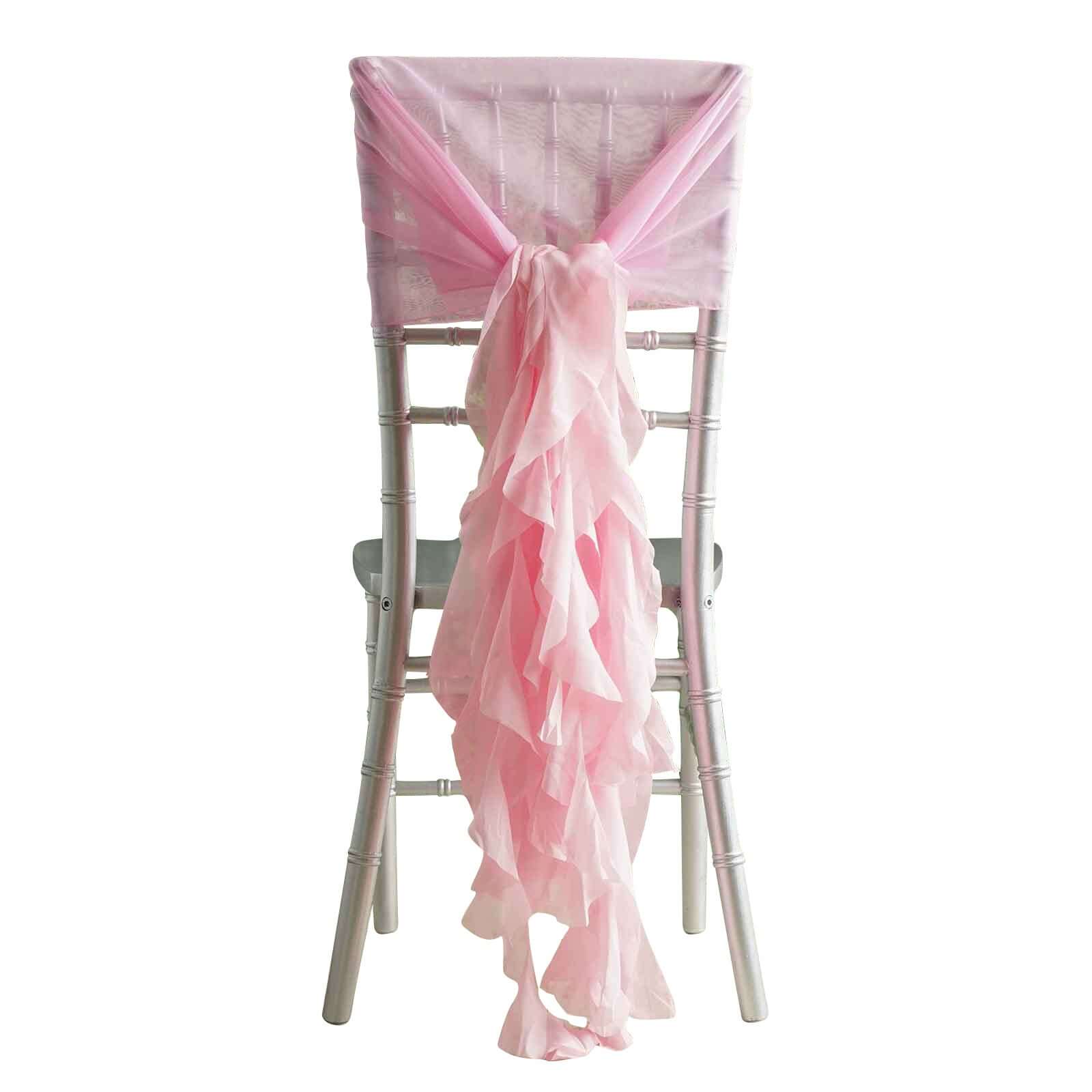 Elegant Pink Chiffon Chair Sashes with Willow Ruffles Design - Stylish Wedding, Party & Event Chair Bow Decor for Banquet, Reception and Home Decor