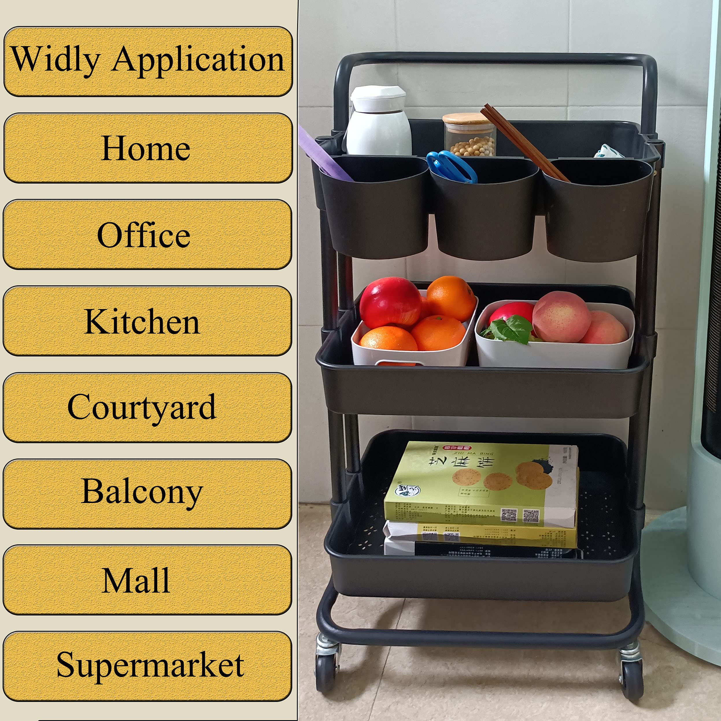3-Tier Rolling Utility Cart with 3 Hanging Cups, 8 Hooks & 2 Storage Boxes - Mobile Organizer Shelf for Kitchen, Bathroom, Office & Home - Perfect for Storing Cleaning Supplies, Toiletries or Office Essentials (Black)