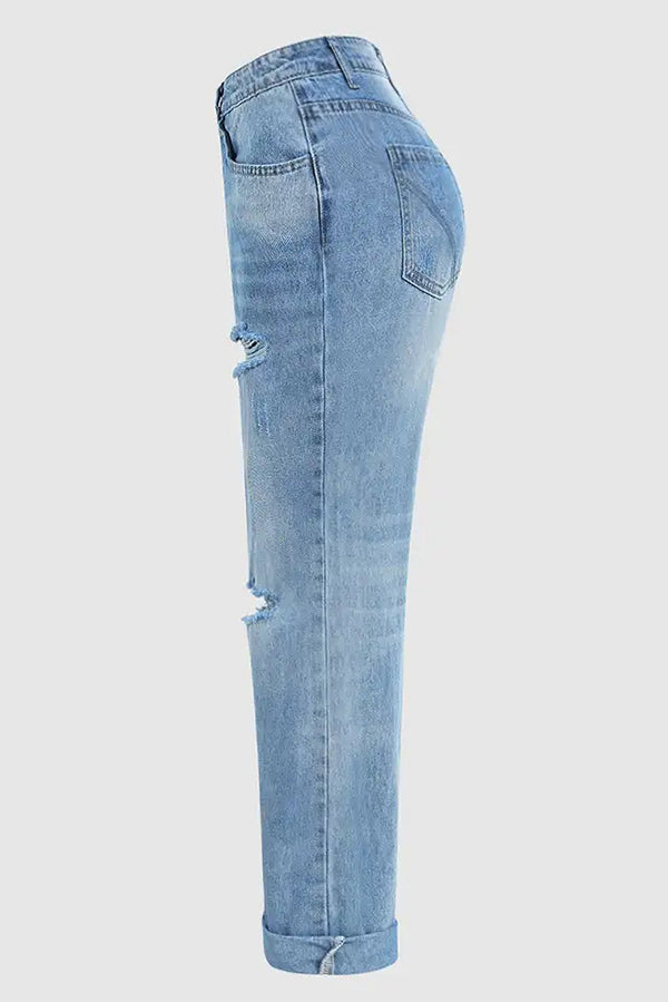 Trendy Ripped Low-Rise Button Pocket Baggy Straight Leg Jeans for Women - Casual Streetwear, Vintage Denim Pants for Everyday Wear & Outfit Styling