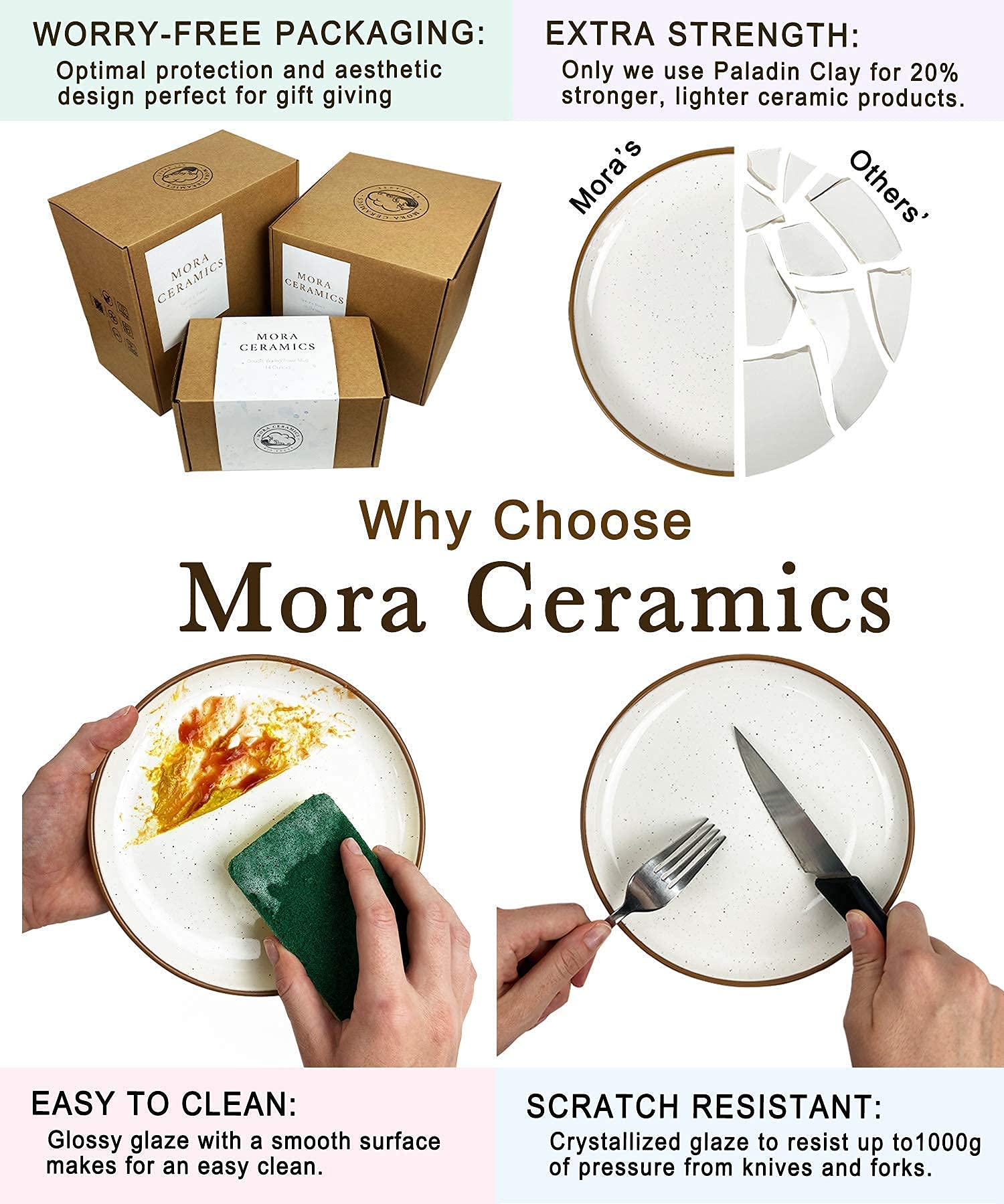 Premium Mora Ceramic Bowls & Plates Set - 16-Piece Earl Grey Dinnerware Collection, Microwave & Oven Safe, Dishwasher Friendly - Perfect for Breakfast, Salad, Cereal & Family Dining