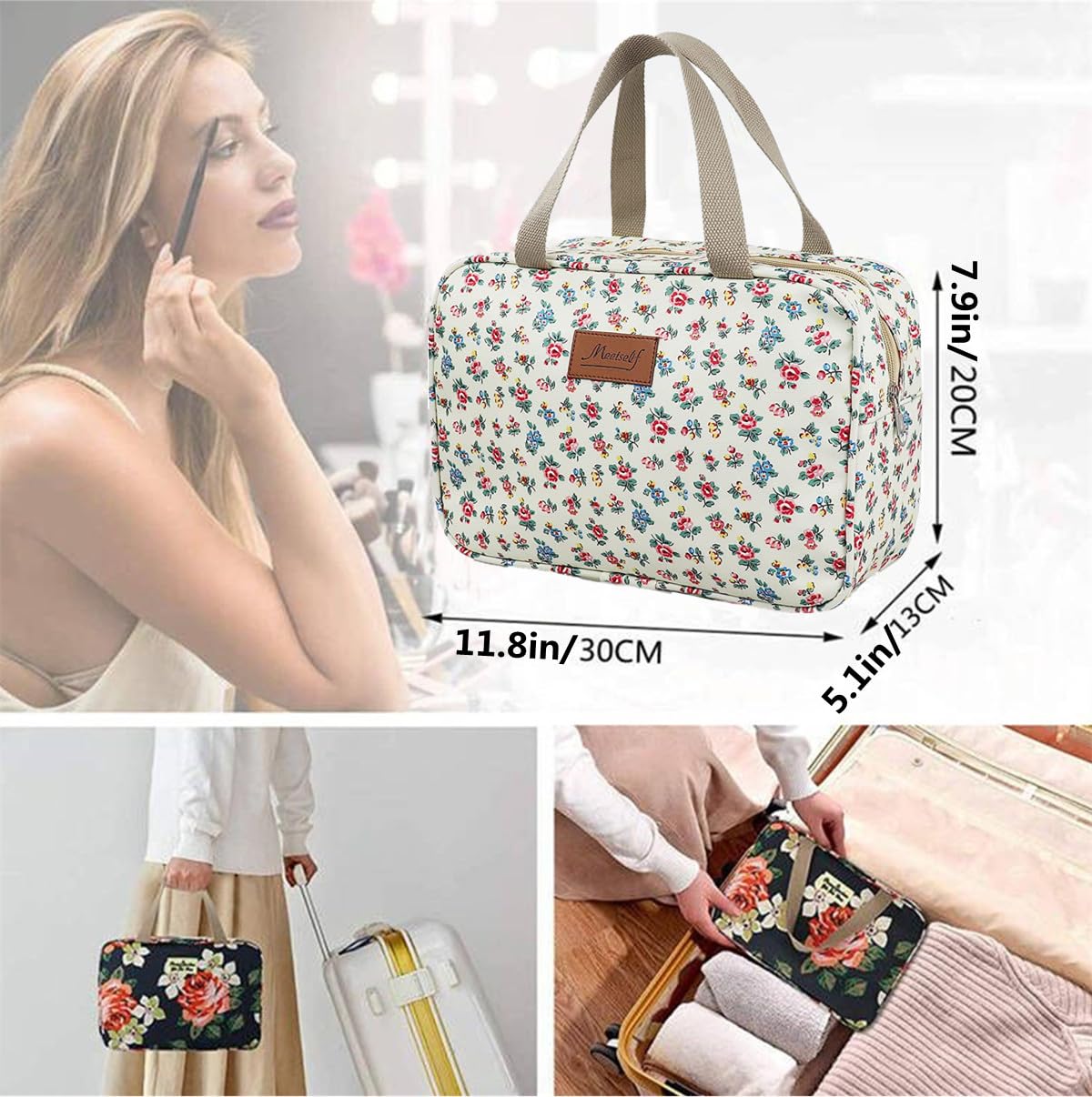 Large Makeup Bag for Women - Travel Cosmetic & Toiletry Organizer (Little Flower Beige) | Perfect for Travel & Daily Use