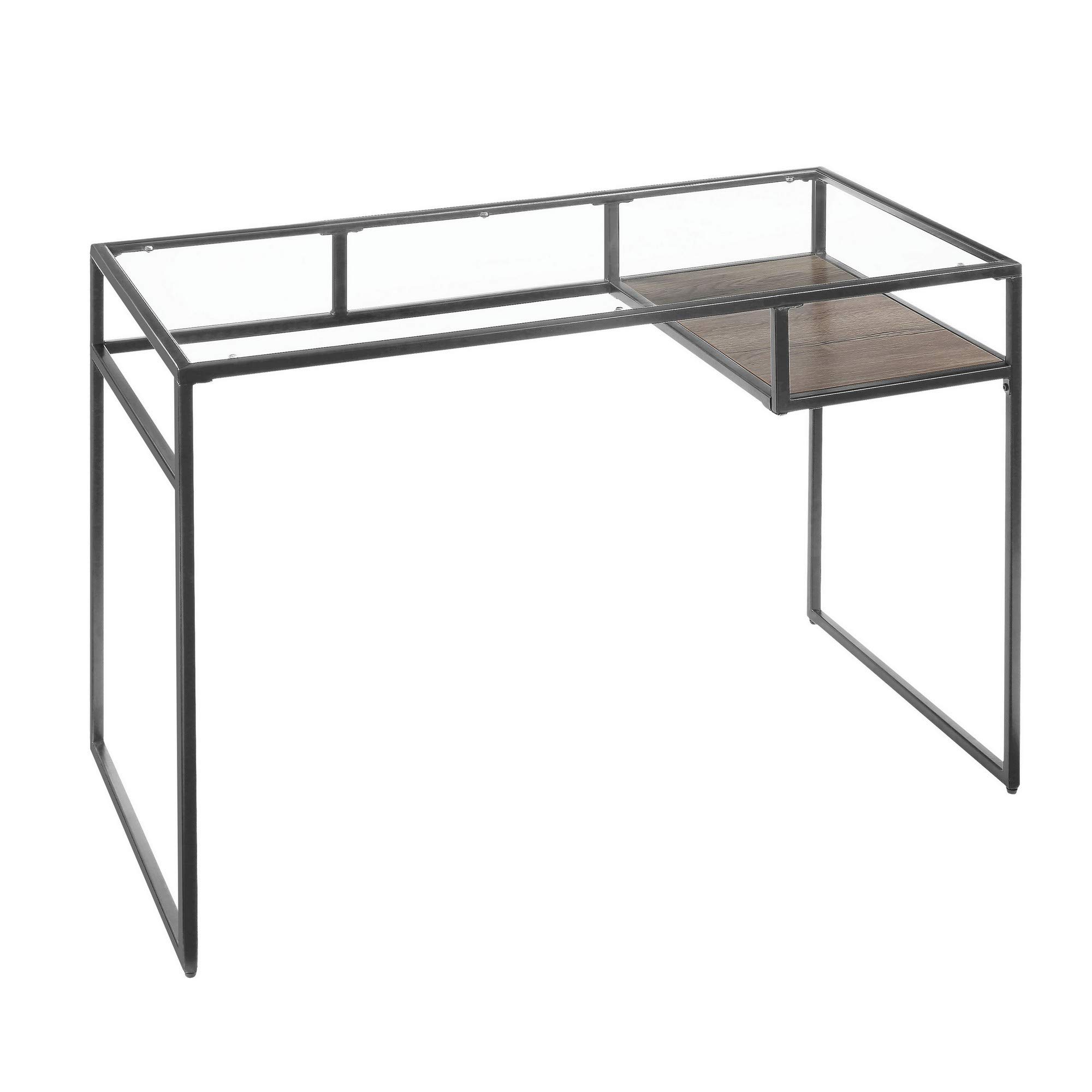Benjara Modern Rectangular Glass Top Desk with Open Storage Compartment & Sturdy Sled Base - Gray Home Office Desk for Small Spaces, Work from Home & Study Room