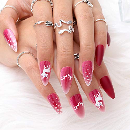 Aceorna Matte Press on Nails - Long Red Stiletto Fake Nails with Snowflake & Reindeer Design, 24PCS Full Cover Acrylic Christmas Nail Tips for Women & Girls | Perfect for Holiday Parties, Gift Giving & Festive Nail Art