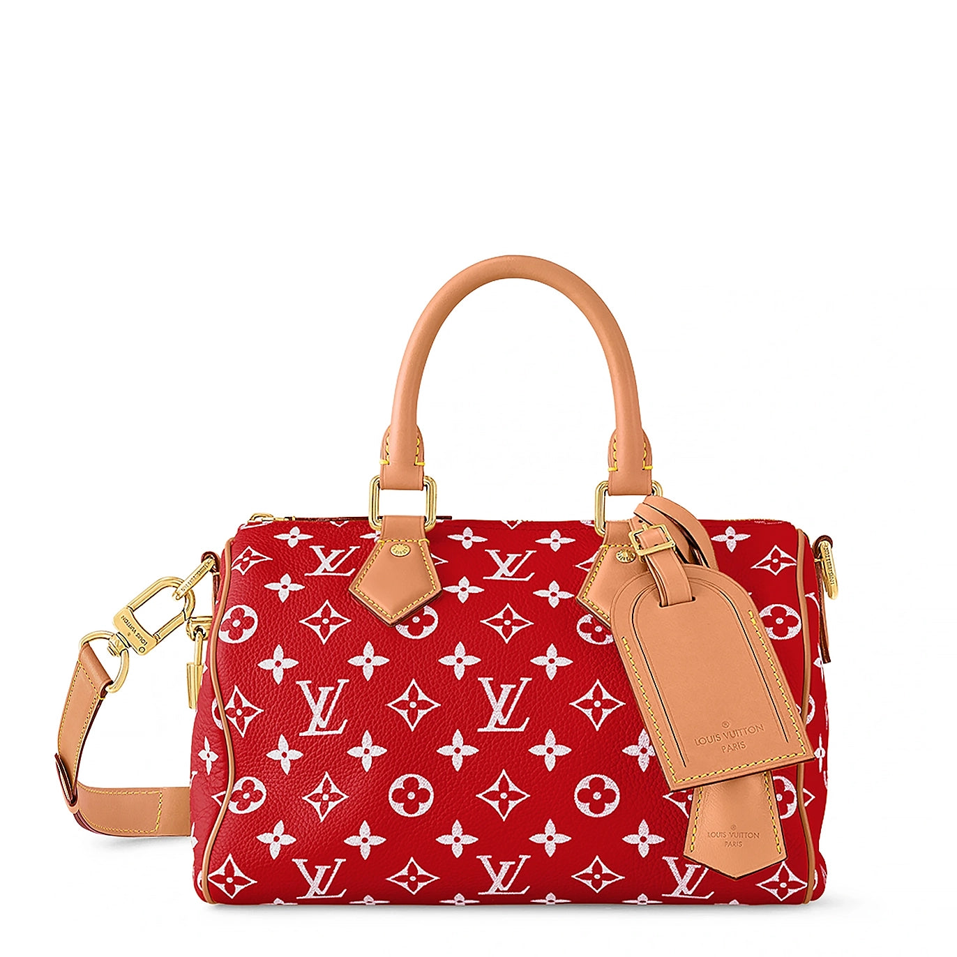 Authentic Louis Vuitton Monogram Speedy 25 Handbag with Red Bandoulière Crossbody Strap - Perfect for Travel, Work & Everyday Luxury Fashion Accessory