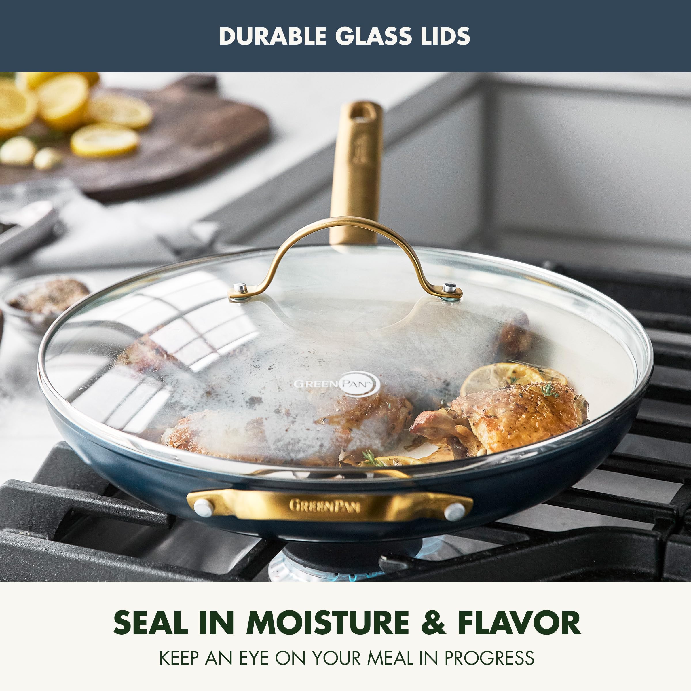GreenPan Reserve 12-Inch Hard Anodized Nonstick Frying Pan with Lid - PFAS-Free Ceramic Coating, Dishwasher & Oven Safe, Gold Handle, Twilight Blue - Perfect for Healthy Cooking, Sautéing & Frying