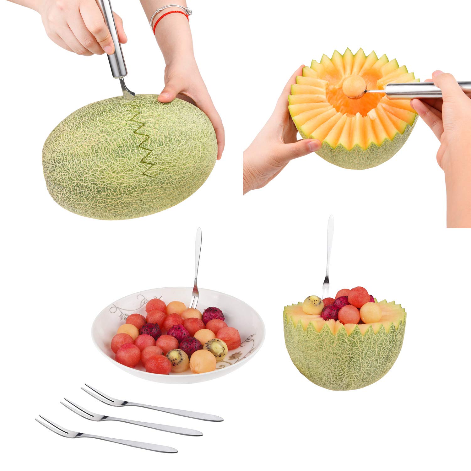 Premium Stainless Steel Fruit Carving Kit - 2-in-1 Watermelon Slicer, Melon Baller & Fruit Knife with Avocado Slicer - Includes 5 Stainless Steel Fruit Forks - Perfect for Fruit Platters, Party Decorations & Healthy Snack Preparation