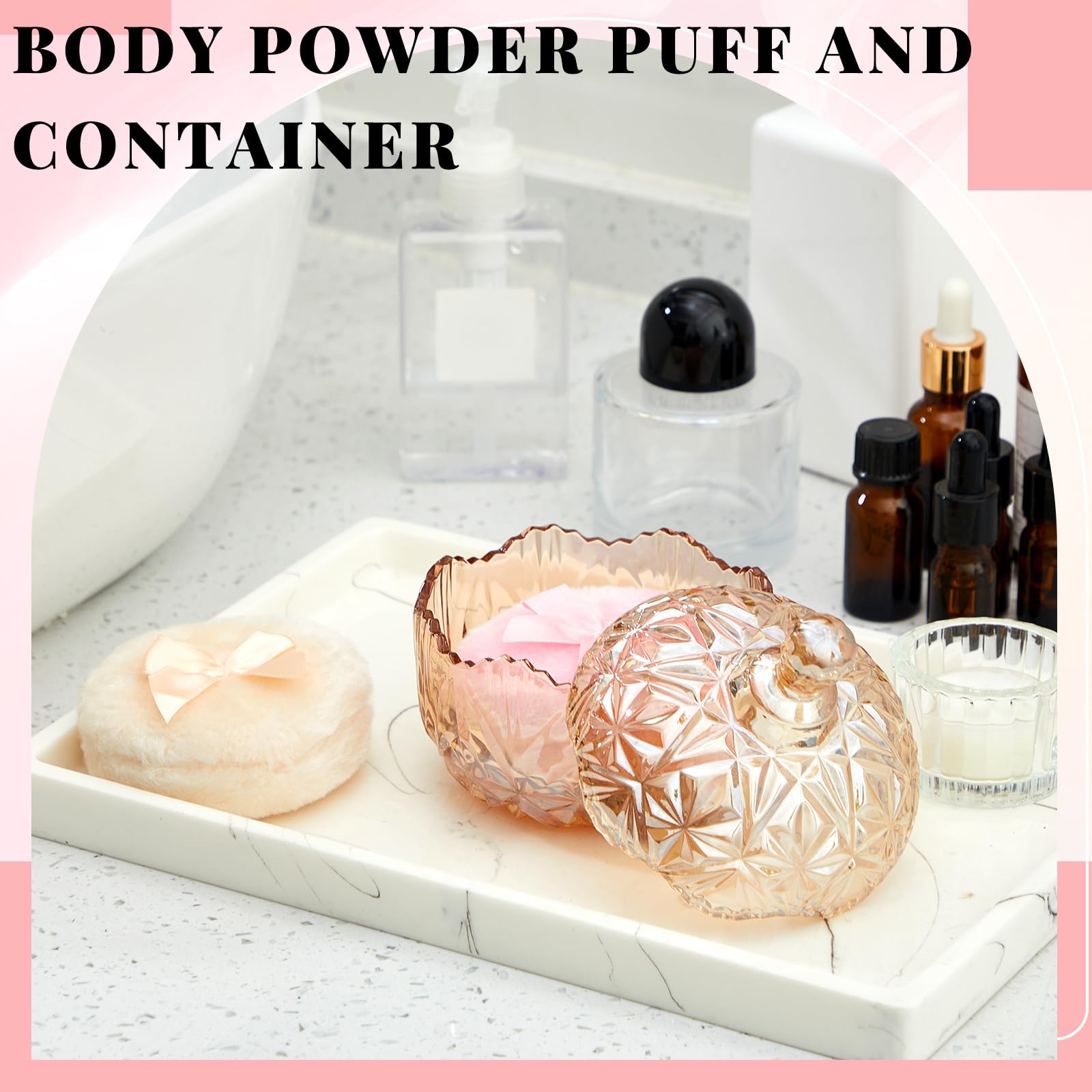 Tioncy 3-Piece Large Body Powder Puff Set with Crystal Container - Soft Washable Reusable Velour Puff for Wet & Dry Makeup (Amber) | Perfect for Face, Body Glitter & Makeup Application