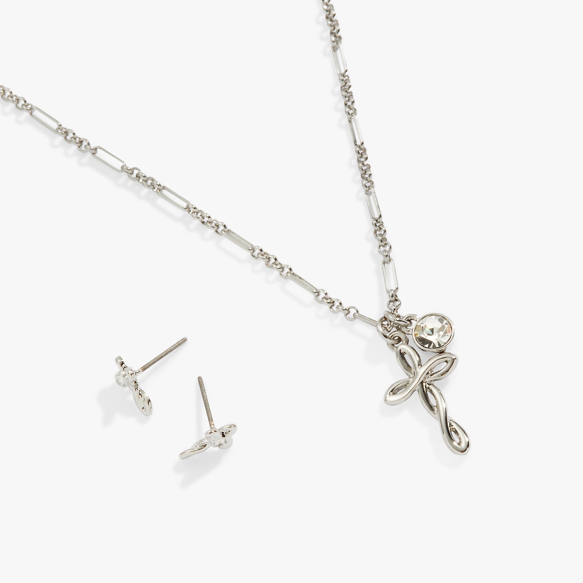 Faith Charm Necklace and Stud Earrings Set - Sterling Silver Religious Jewelry for Women - Perfect for Church, Weddings & Everyday Wear