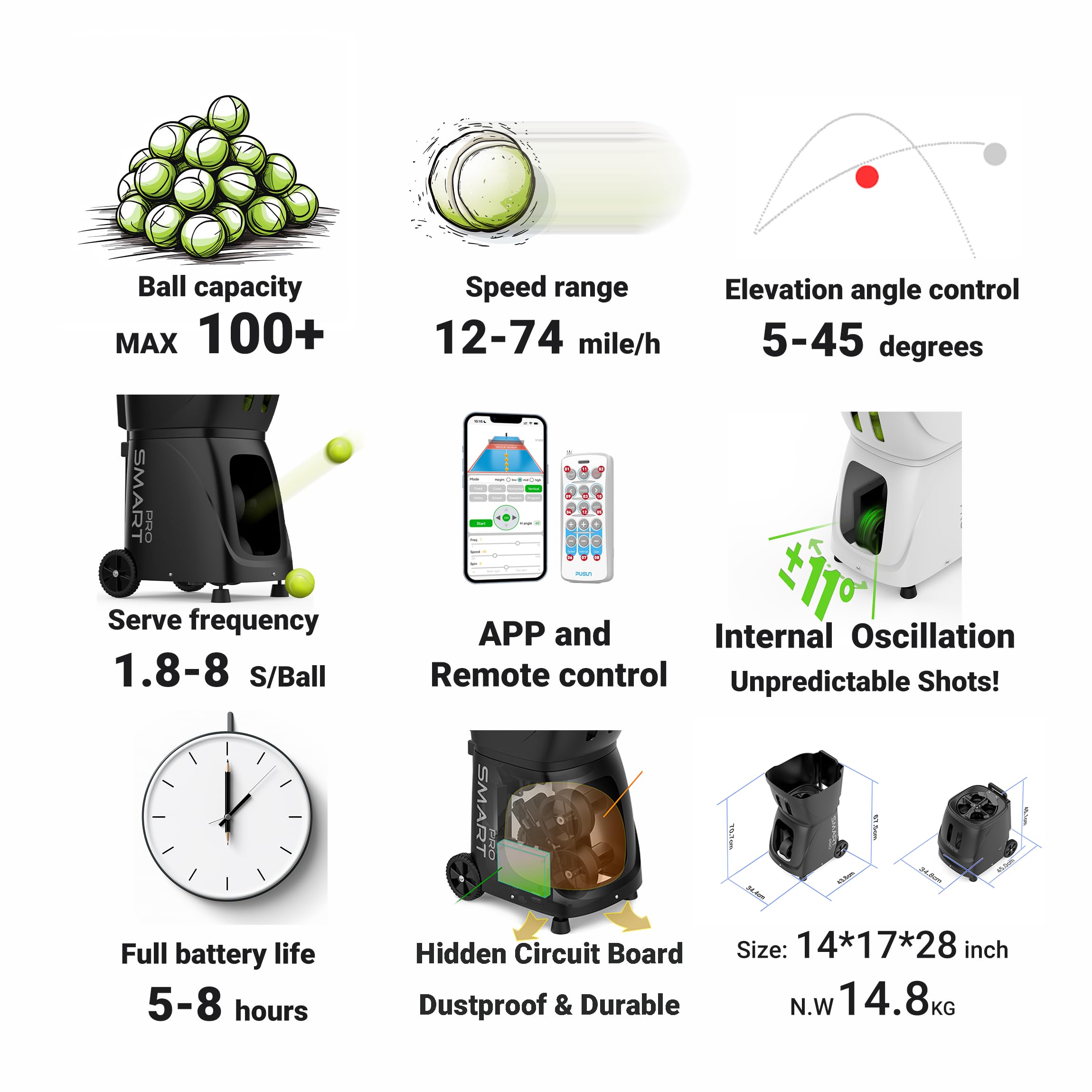 PT-Smart Pro Tennis Ball Machine with Internal Oscillation & Centered Ejection - Portable Tennis Training Equipment with App & Remote Control for Solo Practice, Coaching & Professional Training | Perfect for Backyard Drills, Court Practice & Tennis Lessons