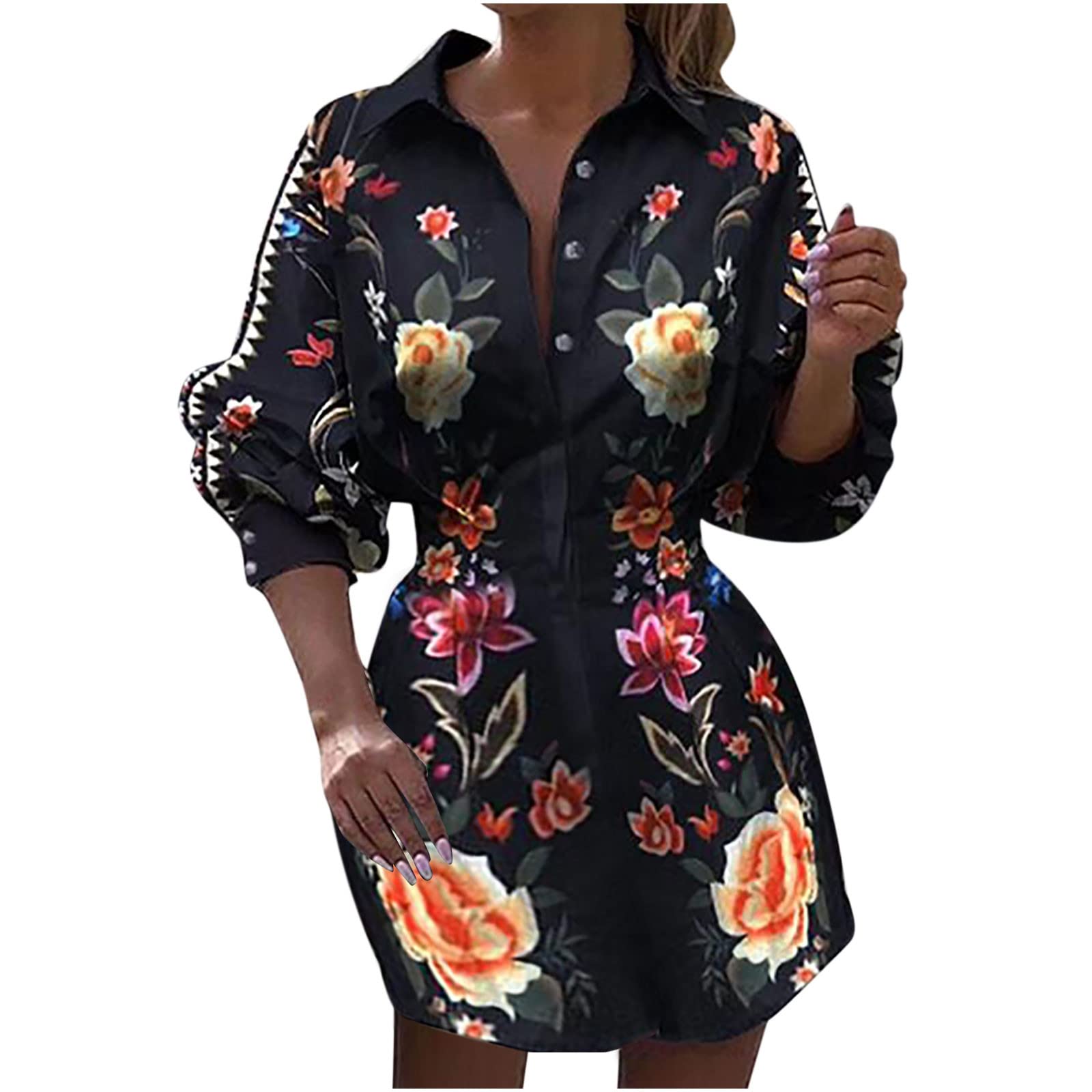 Sexy Mini Shirt Dress for Women | Casual Puff Sleeve Button Down Dress with Cinched Waist & Floral Print | Perfect for Holiday Parties, Date Nights & Summer Outings