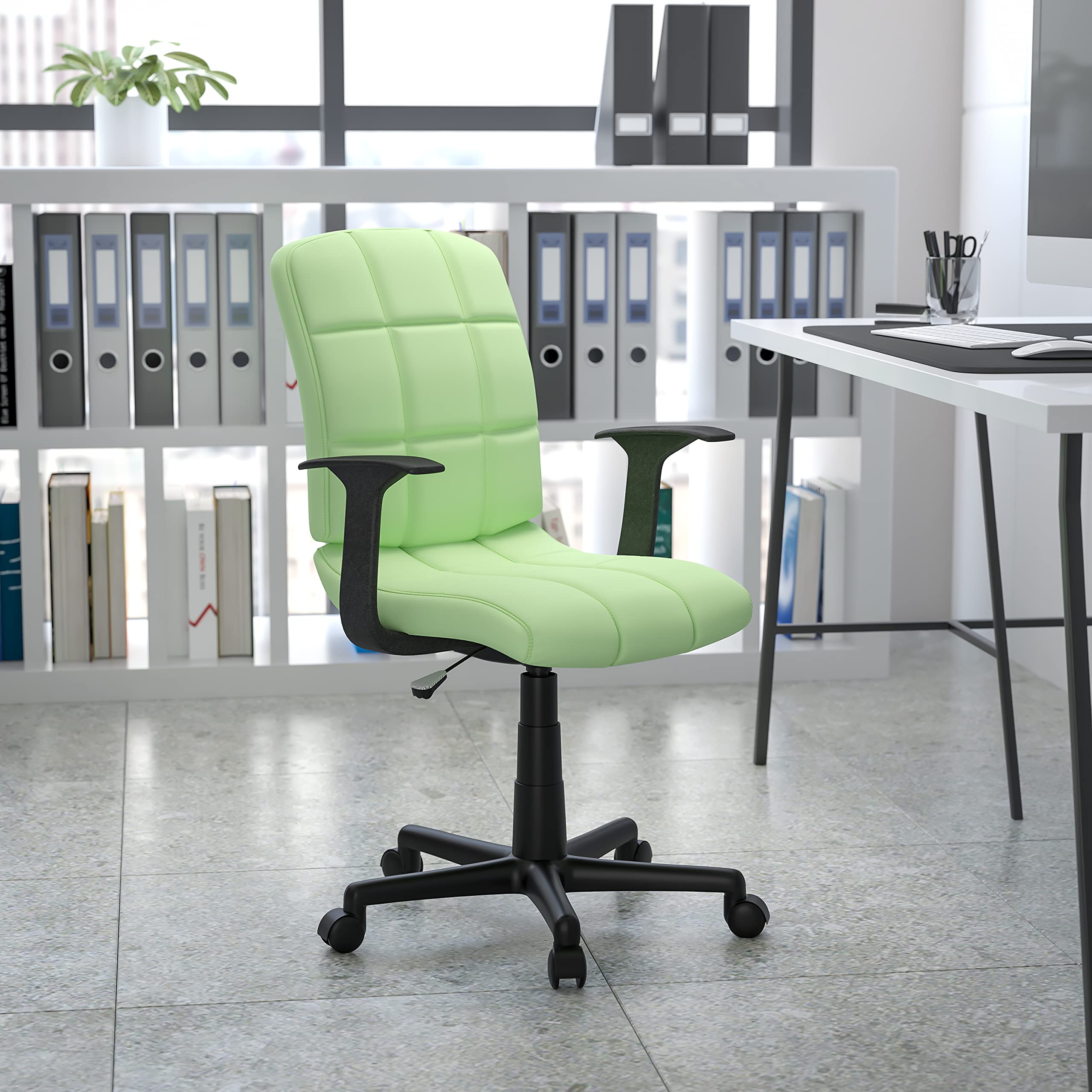 Flash Furniture Clayton Mid-Back Office Chair - Green Quilted Vinyl Swivel Task Chair with Arms for Home & Office Workspace | Ergonomic Support for Long Hours Sitting