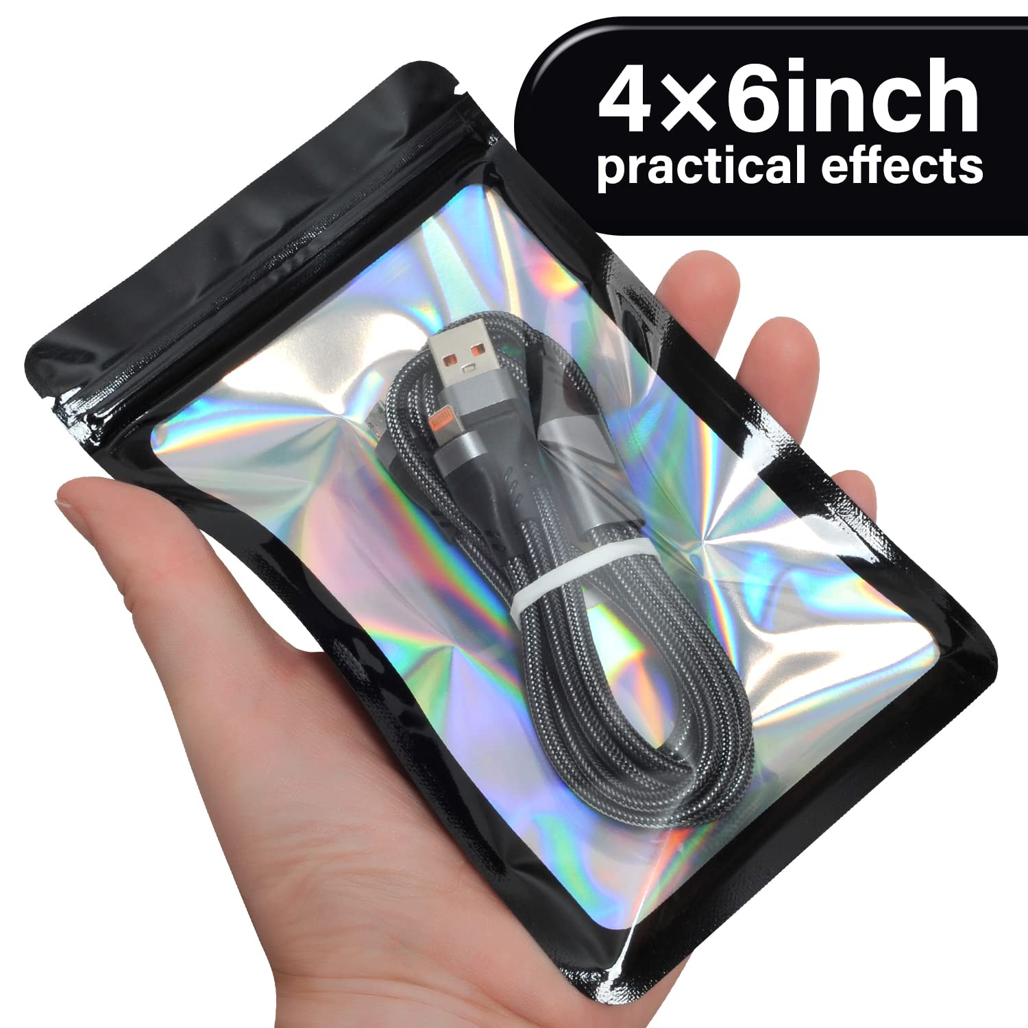 100-Pack 4×6 Inch Resealable Mylar Bags - Holographic Stand-Up Pouches for Jewelry, Candy, Food Samples, Party Favors & Small Business Packaging (Black) | Perfect for Gift Packaging, Retail Display & Bulk Storage