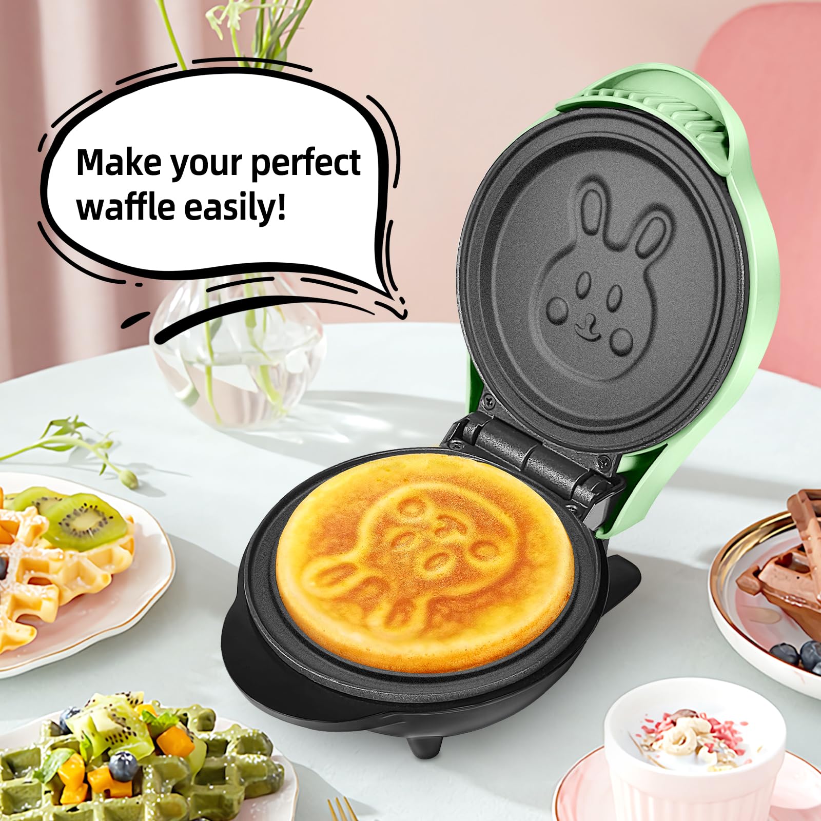 Mini Waffle Maker 600W - Electric Nonstick Cartoon Rabbit Shape Waffle Iron for Kids - Perfect for Breakfast, Snacks & Party Treats