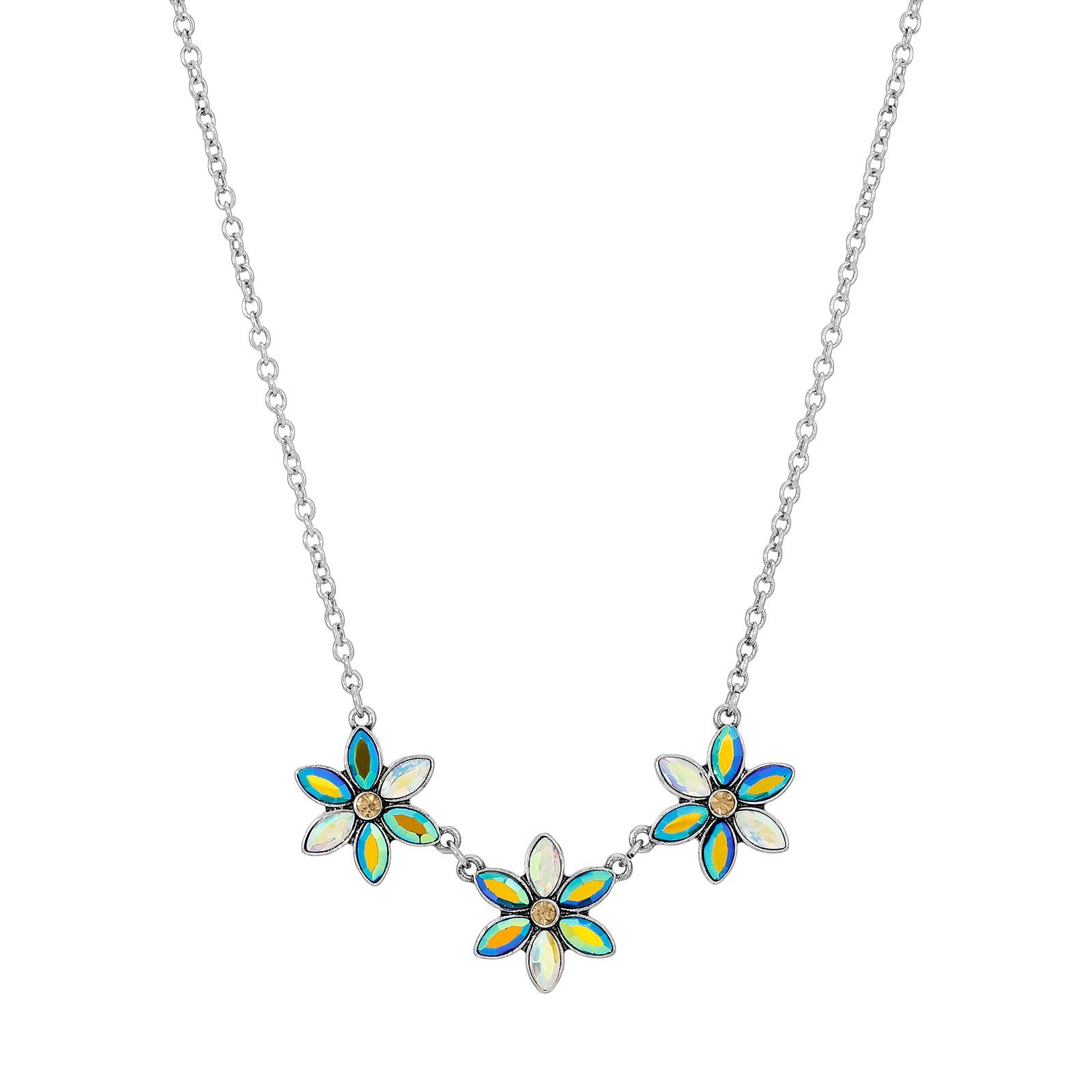 1928 Jewelry Peacock Plumage Blue Iridescent AB Glass Flower Necklace - 16