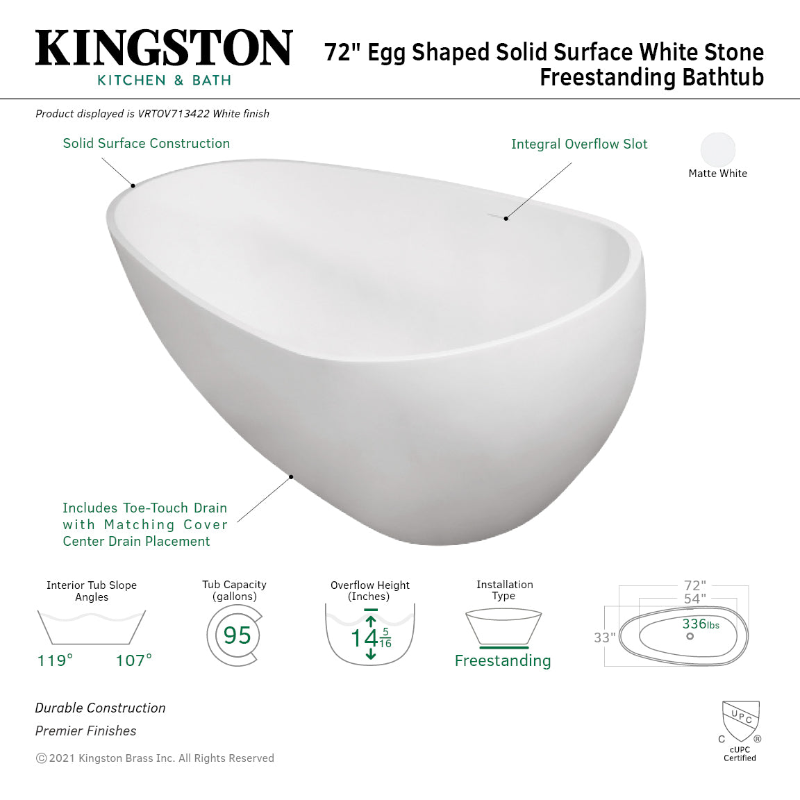 Arcticstone VRTOV713422 72-Inch Freestanding Acrylic Egg-Shaped Bathtub - Double Ended Soaking Tub with Drain - Glossy White & Matte White Finish - Perfect for Modern Bathrooms & Spa Retreats