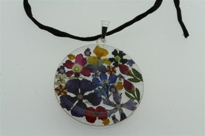 Handmade Flower Resin Pendant Necklace - Elegant Circle Design on Black Silk Cord - Perfect for Boho Fashion, Gift Giving & Special Occasions
