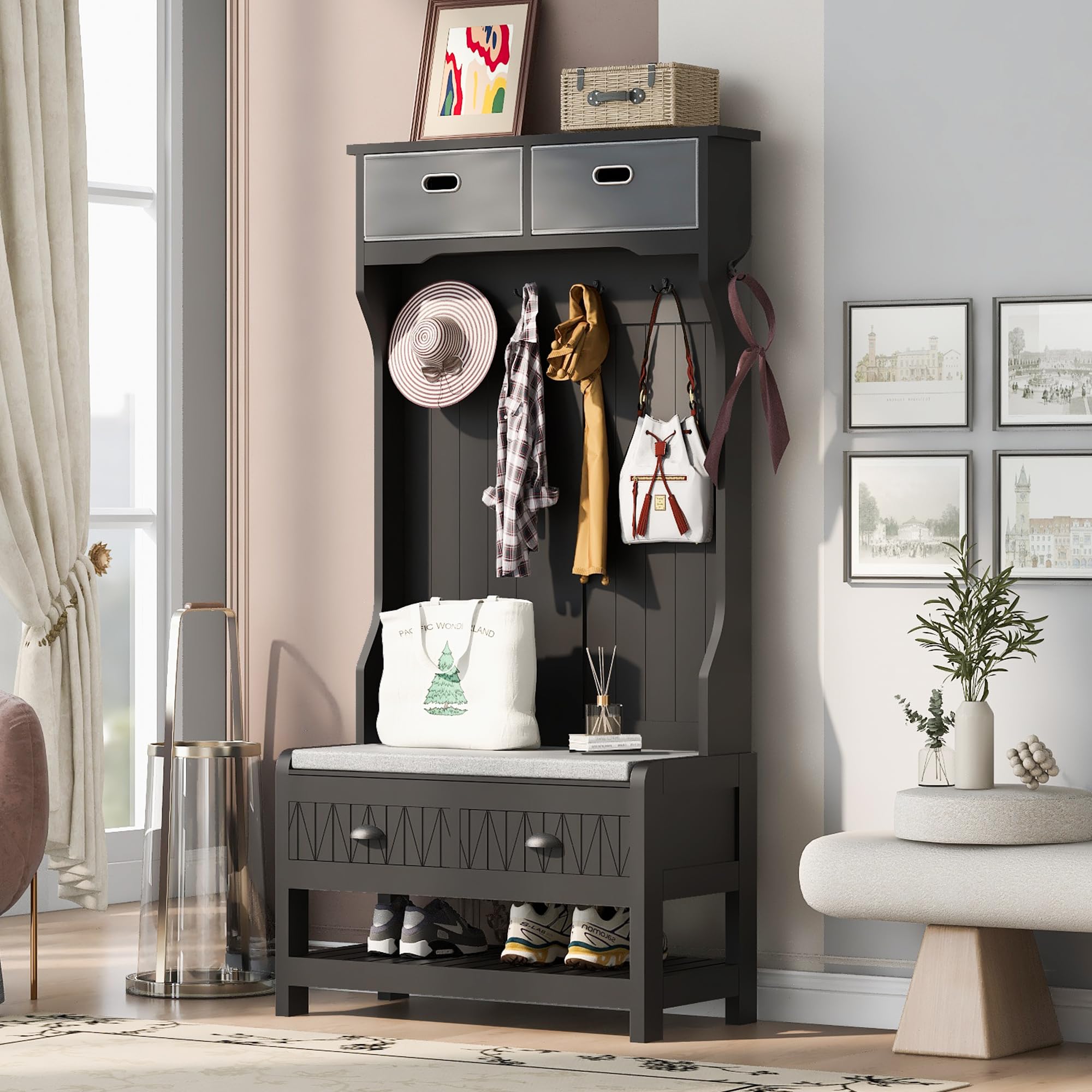 Polibi Hall Tree with Hooks & Storage - Entryway Bench for Living Room & Bedroom