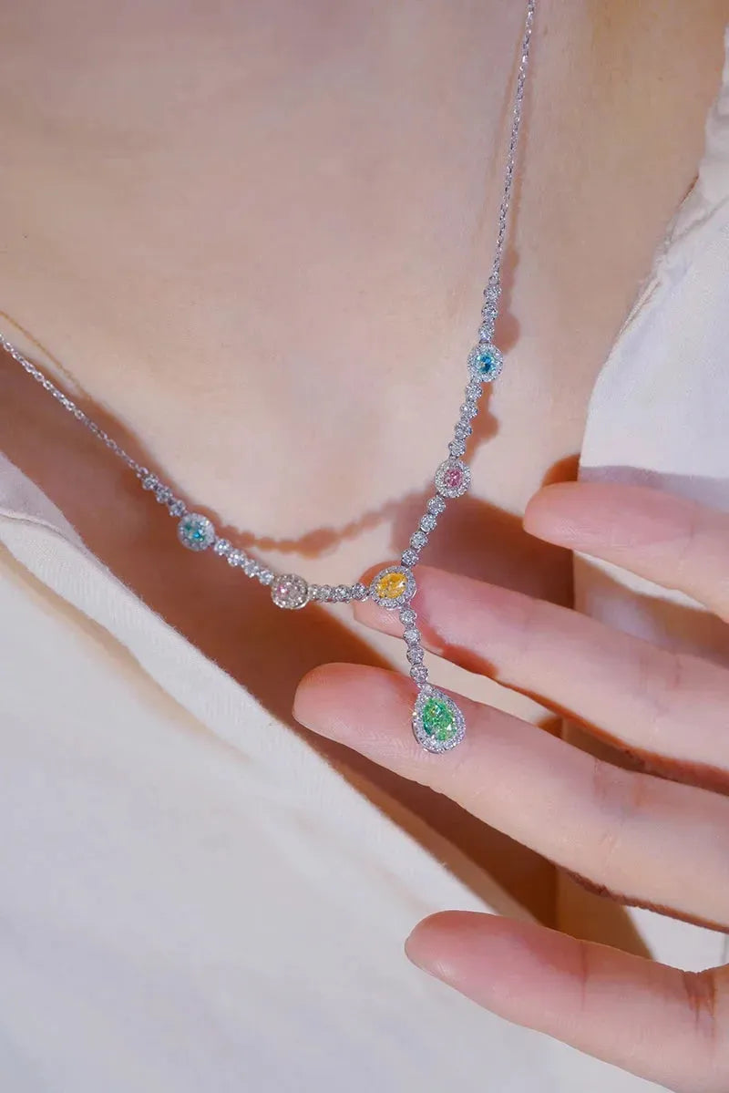 18K White Gold Diamond Necklace for Women - Romantic Rainbow Style with Real Natural Color Diamonds | High Engagement Jewelry Gift for Anniversary, Wedding & Special Occasions