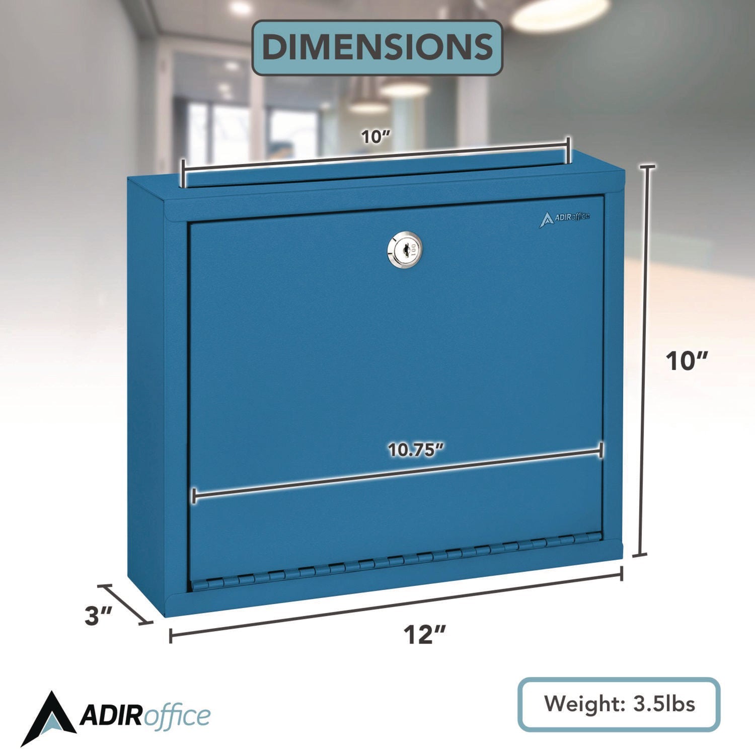 AdirOffice Large Steel Secure Drop Box - 12 x 3 x 10 Inches - Multi-Purpose Locking Mailbox for Office, Home & Business - Durable Blue Document Collection Box for Mail, Packages & Confidential Files