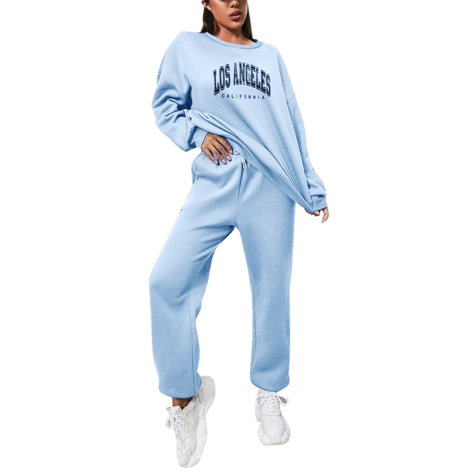 Women's Fashion Two-Piece Sweatsuit Set - Long Sleeve Letter Print Thick Hoodie & Sweatpants - Blue Casual Outfit for Lounge Wear, Gym, Running & Street Style