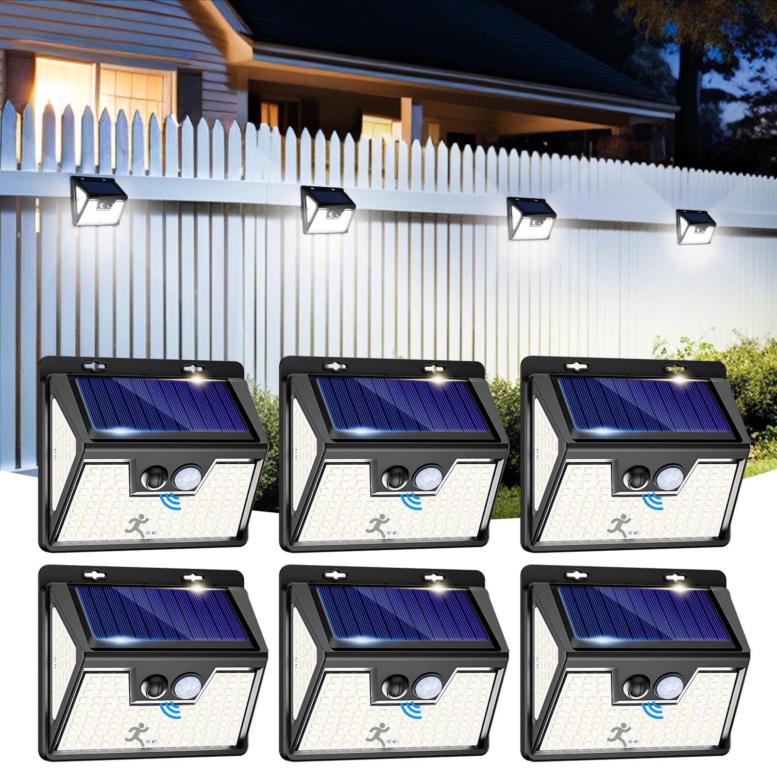 6 Pack Solar Fence Lights Outdoor Waterproof - 178 LED Motion Sensor Solar Lights with 3 Brightness Modes - Wireless Wall Lights for Deck, Yard, Garden, Driveway & Pathway - Cold White Lighting for Home Security & Landscape Illumination