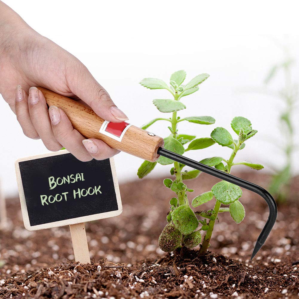 AYNEFY Bonsai Root Hook - Wooden Handle Gardening Tool for Loosening Soil, Weeding, Digging, Edging & Repotting Plants | Perfect for Bonsai Care, Garden Planting & Landscaping