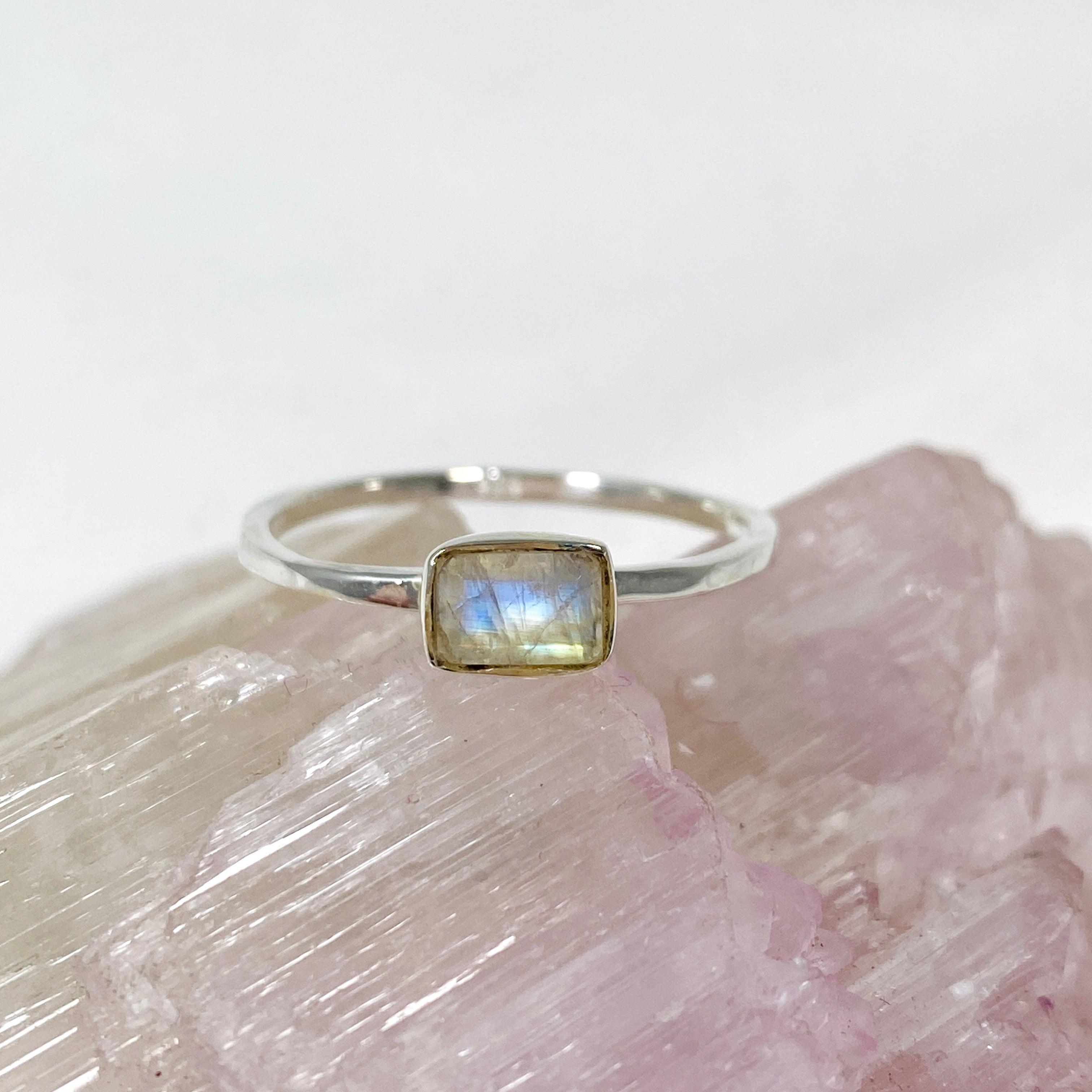 Rainbow Moonstone Faceted Rectangular Band Ring - Sterling Silver Fine Jewelry R3793 RMS for Women's Fashion & Gift Giving