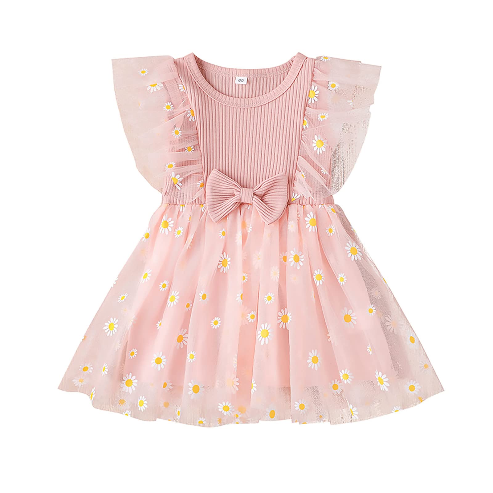 Toddler Girl Summer Casual Dress - Daisy Print Round Neck Sleeveless Mesh Stitching Dress for Playdates & Outdoor Activities
