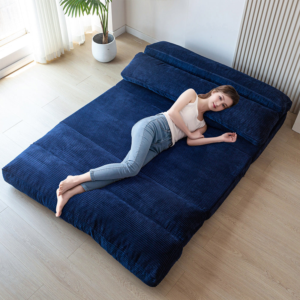 MAXYOYO Folding Sofa Bed - Extra Wide Corduroy Floor Mattress in Navy Blue | Convertible Sleeper for Small Spaces, Guest Room & Dorm | Comfortable Lounge Sofa for Living Room, Bedroom & Apartment