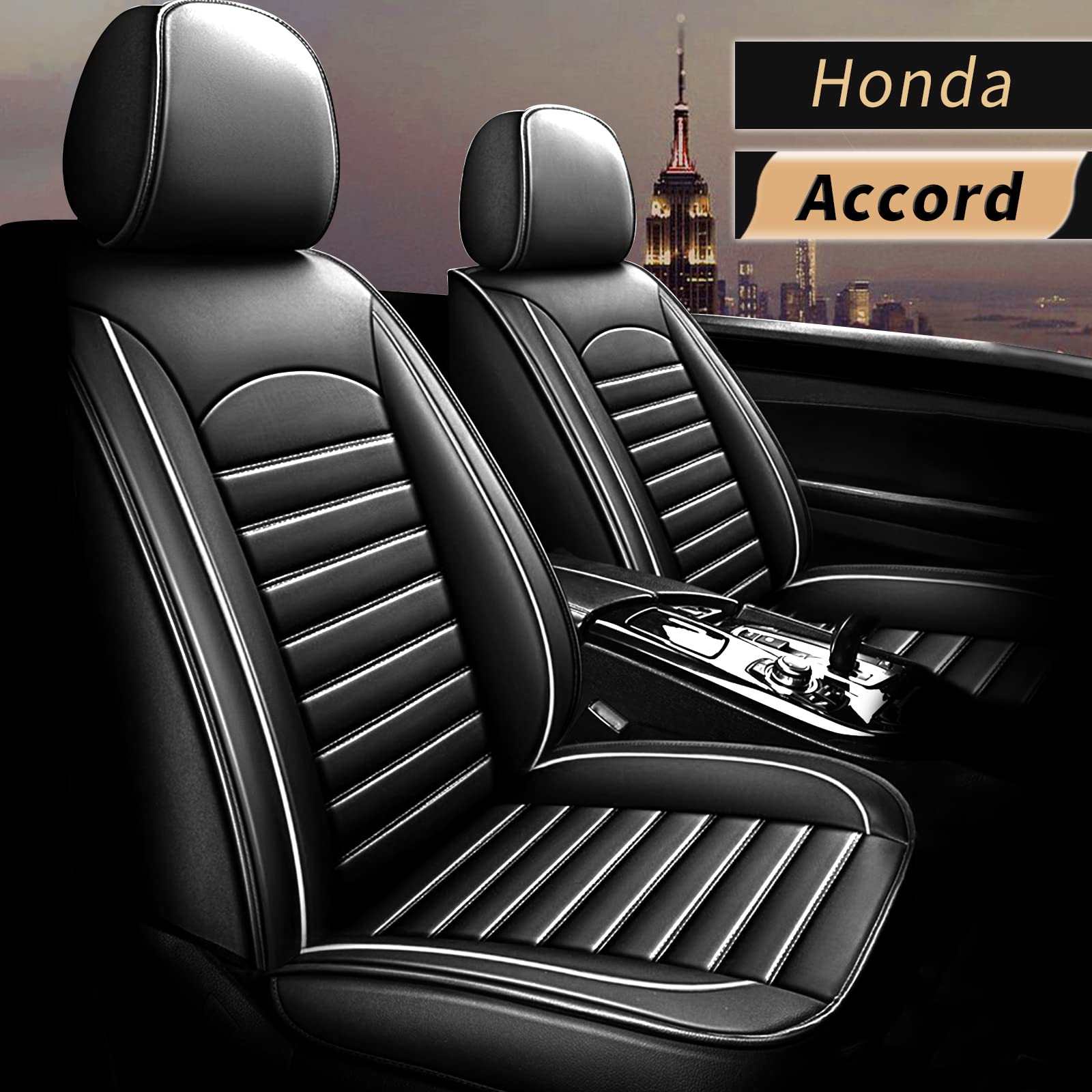 IKABEVEM Universal Car Seat Covers - Waterproof & Airbag Compatible Full Set for Honda Accord 2003-2017 (5 Seats) - Premium Black Faux Leather with White Stitching - Perfect for Daily Commute, Road Trips & Protecting Your Car Interior