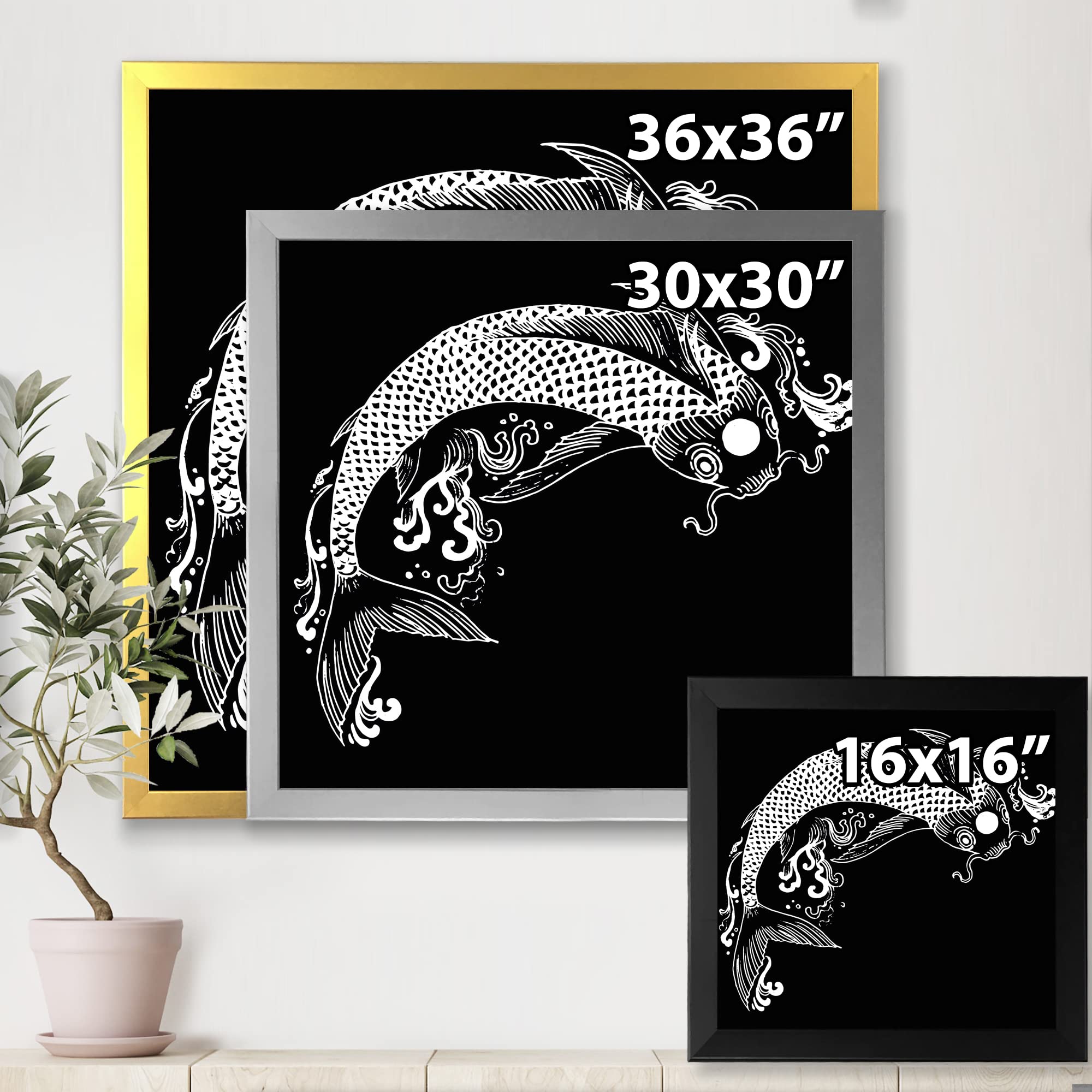 DesignQ Chinoiserie Koi Fish Traditional Framed Wall Art - Asian Home Decor, Living Room & Office Wall Painting for Zen Interior Design