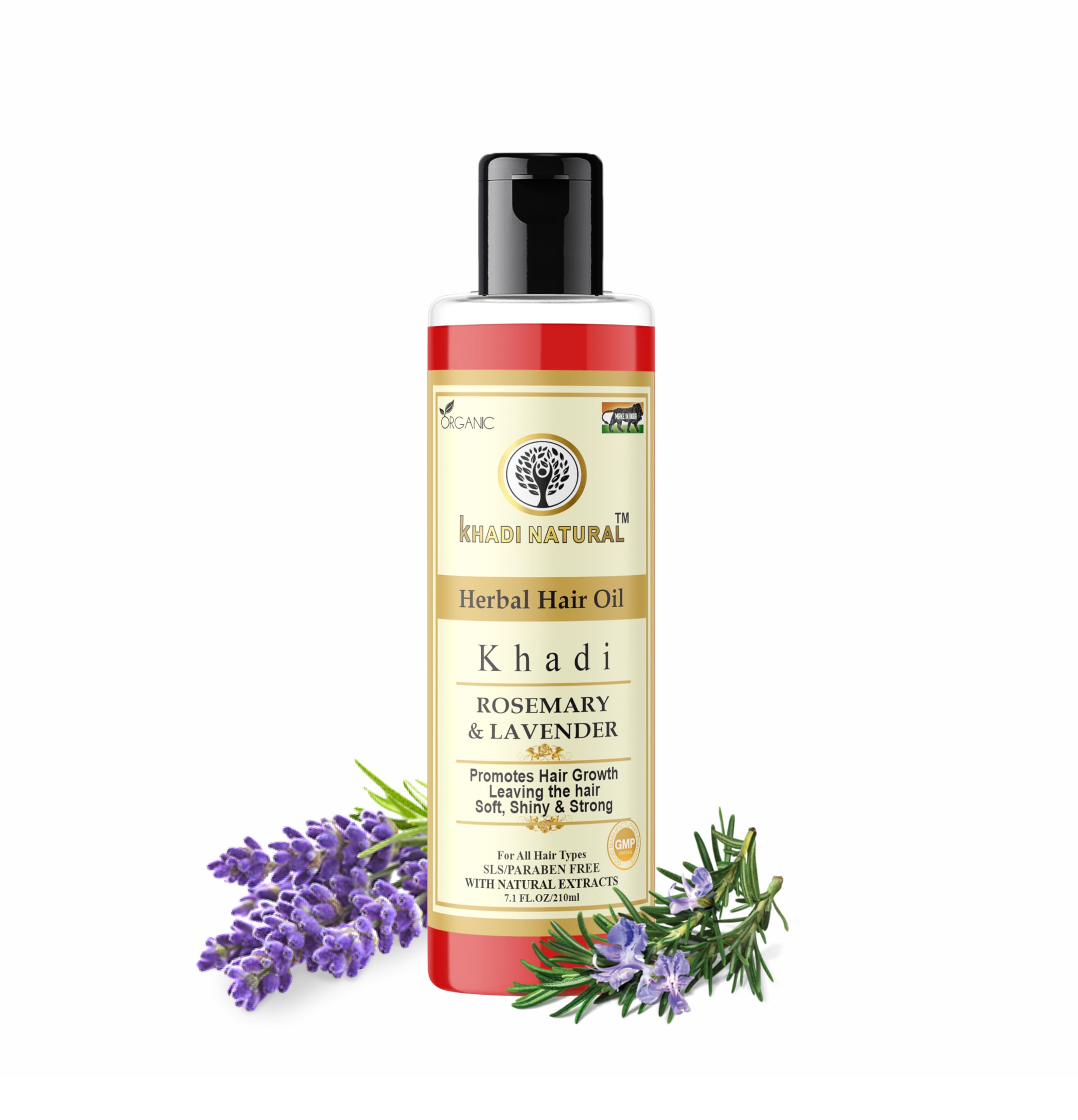 Khadi Natural Herbal Rosemary & Lavender Hair Oil 210ml - Organic Hair Growth Treatment for Strong, Shiny Hair & Healthy Scalp - Aromatherapy Hair Care with Essential Oils - Perfect for Daily Nourishment, Massage & Relaxation