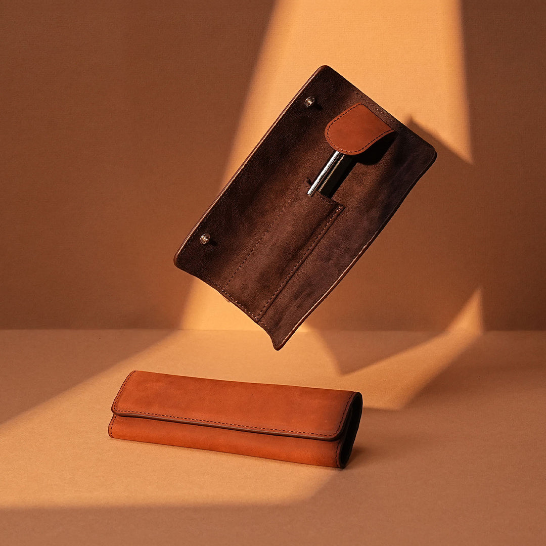 Premium Leather Pen Pouch Organizer - Brown Zippered Case for Pens, Pencils & Stationery - Perfect for Office, School & Travel Accessories