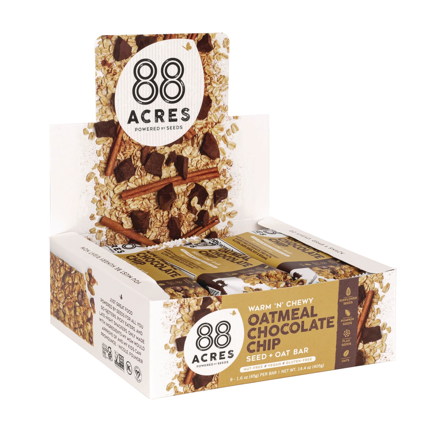 88 ACRES Warm 'N Chewy Gluten Free Oatmeal Chocolate Chip Seed & Oat Bar - 1.6 oz (9 Pack) | Healthy Snack for Hiking, Travel & On-the-Go Energy