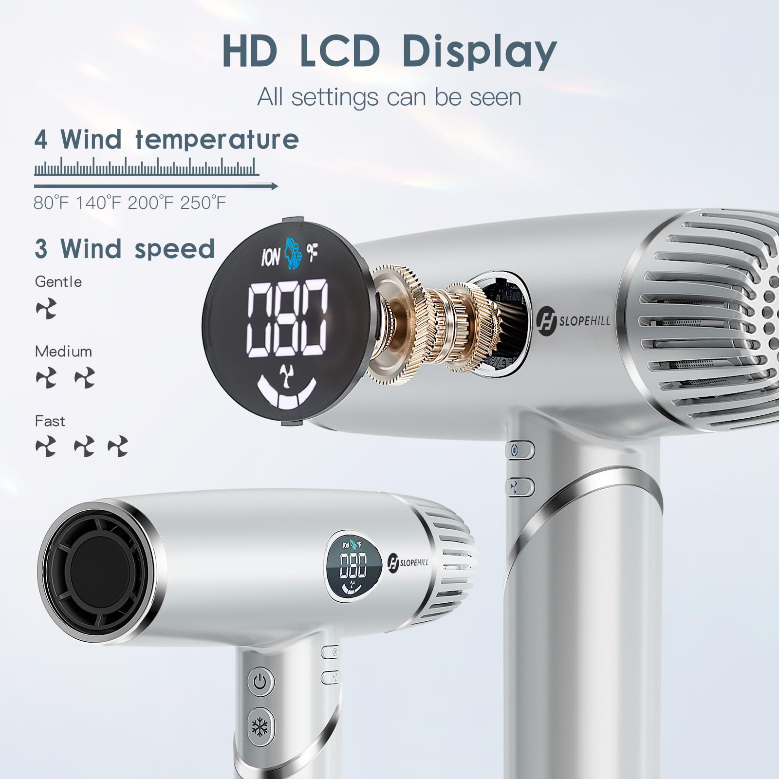 Slopehill Professional Foldable Ionic Hair Dryer - High Speed Blow Dryer for Fast Drying, Compact Travel Hairdryer with Magnetic Diffuser & Nozzle, LCD Display - Perfect for Home, Salon & Travel Use