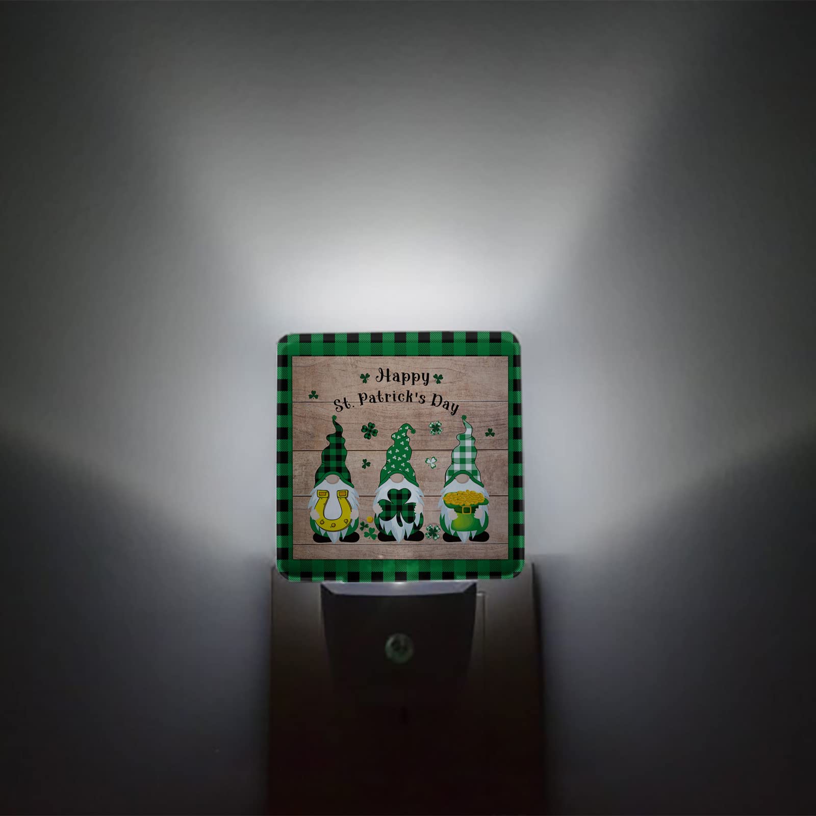 LED Night Light Plug-in with Auto Sensor, St. Patrick's Day Gnome Night Lamp with Lucky Shamrock & Gold Coin - Wood Grain Square Dim Light for Kids, Bedroom, Bathroom, Hallway - Perfect for Nighttime Safety & Holiday Decor