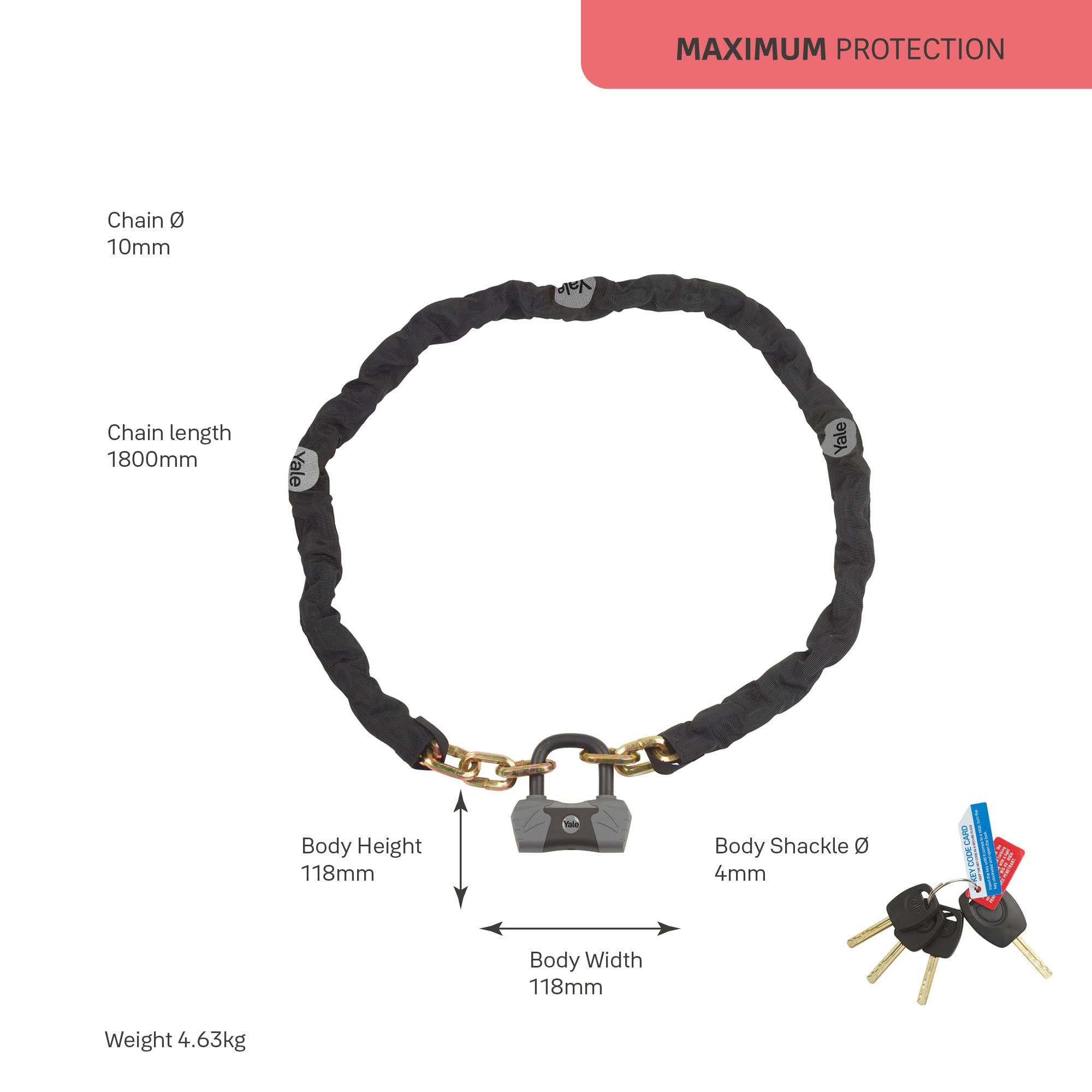 Yale YCL3/10/180/1 Maximum Security Bike Chain Lock 1800mm - Heavy Duty Bicycle Protection with 4 Keys (Includes 1 Micro-Light Key) - Perfect for Urban Commuting, Bike Parking & Outdoor Cycling Security