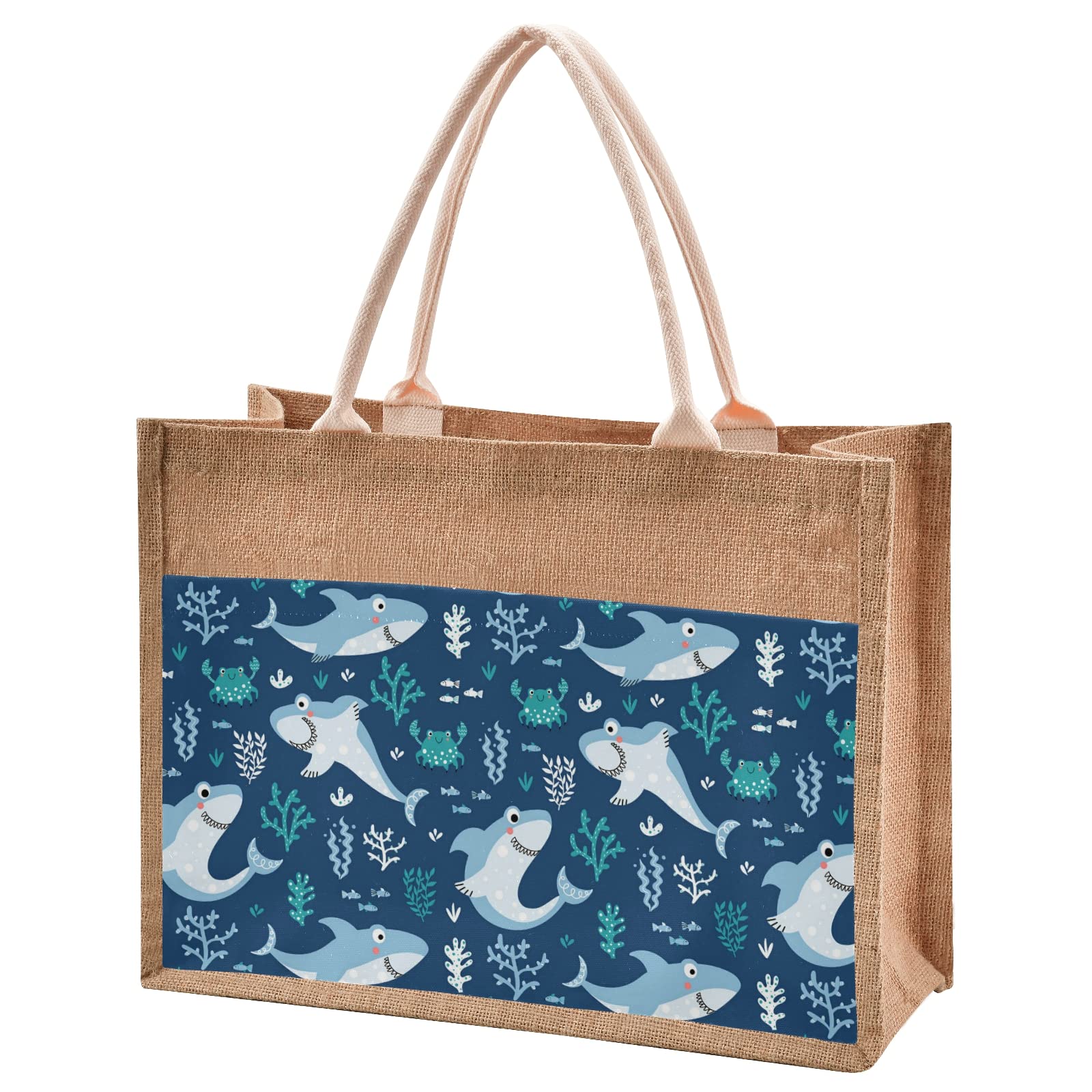 Funny Shark Burlap Tote Bags with Handles - Reusable Eco-Friendly Jute Shopping Bags with Zipper for Women - Perfect for Dating, Beach Trips & Grocery Shopping