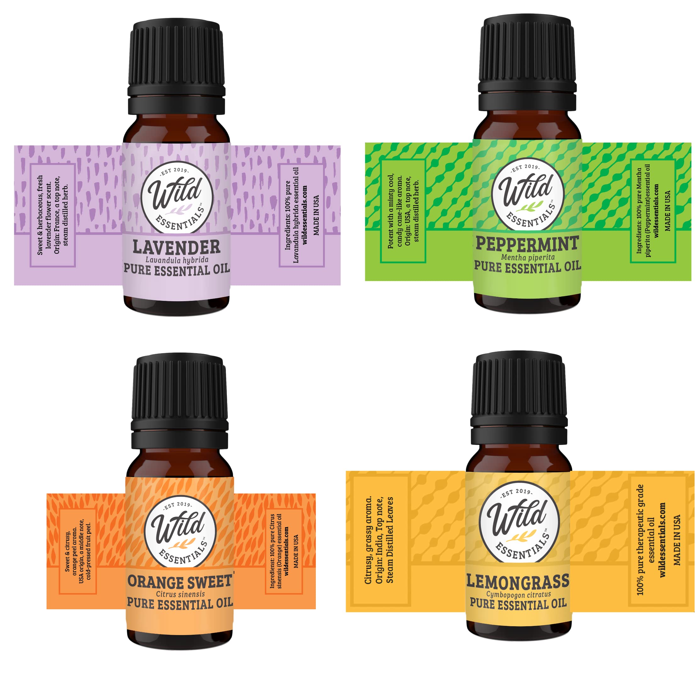 Wild Essentials Glass & Wood Hanging Aromatherapy Diffuser Starter Kit with 4 Pure Essential Oils (Lavender, Lemongrass, Sweet Orange, Peppermint) - Perfect for Home Relaxation, Yoga & Meditation Spaces