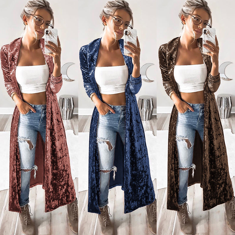 Women's Velvet Jacket Long Coat - Autumn Winter Fashion Stitched Outerwear, Casual Cardigan Tops for Plus Size Ladies | Perfect for Office, Date Night & Holiday Outfits