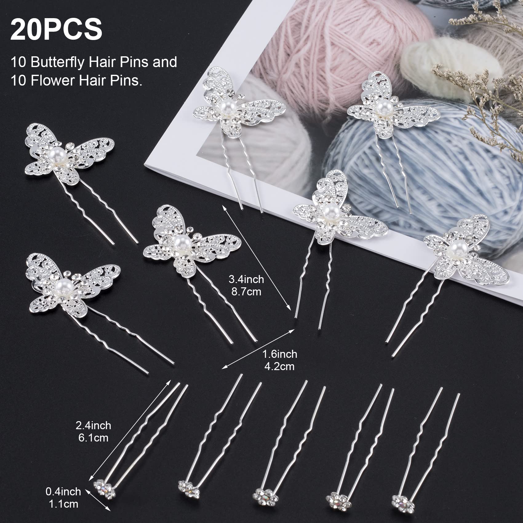 OIIKI 20 PCS Wedding Bridal Hair Pins - Pearl Butterfly U Shape Hair Clips with Rhinestones & Flowers - Elegant Hair Accessories for Women & Girls - Perfect for Weddings, Proms, Parties & Special Occasions