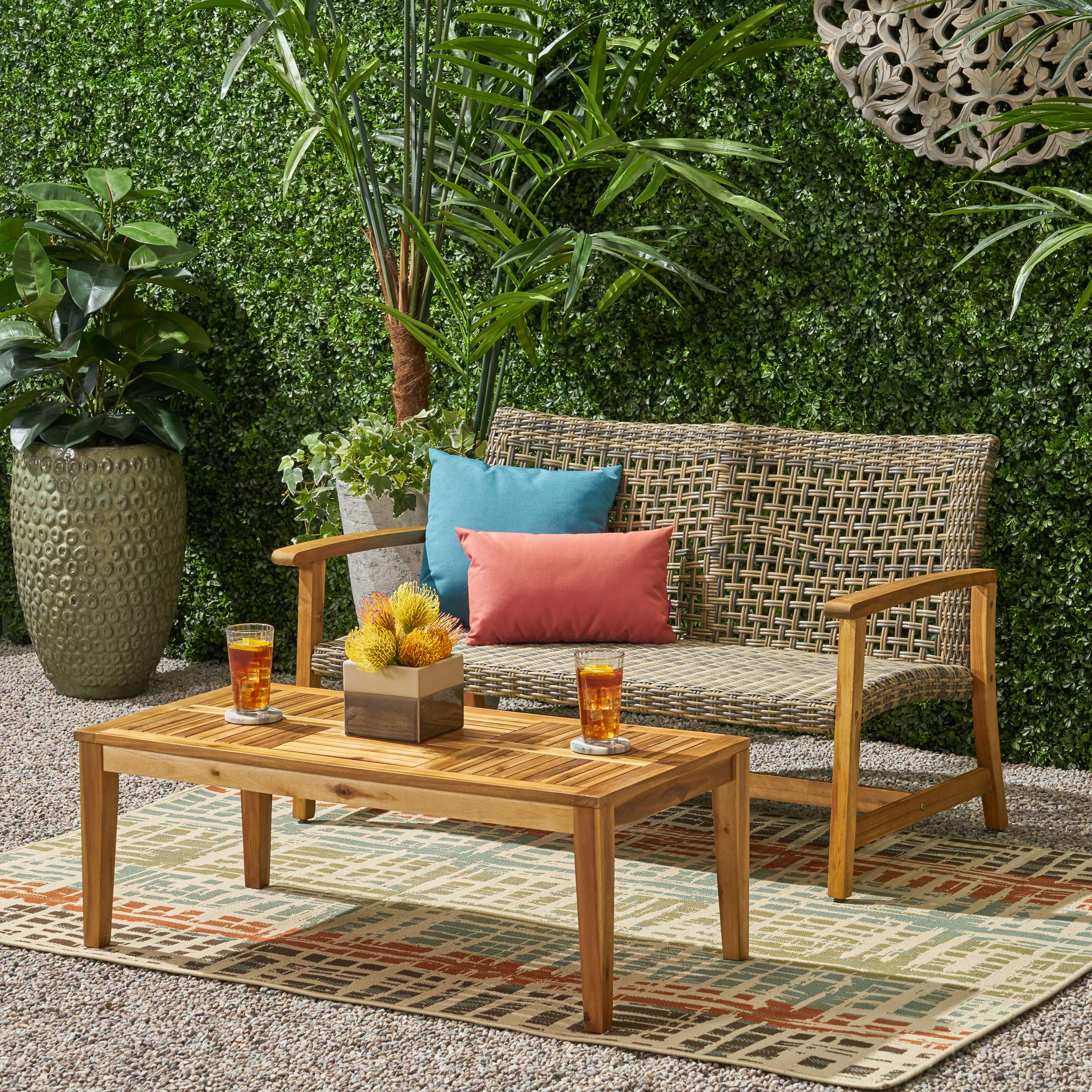 Outdoor Wood Wicker Loveseat & Coffee Table Set - Gray for Patio & Garden