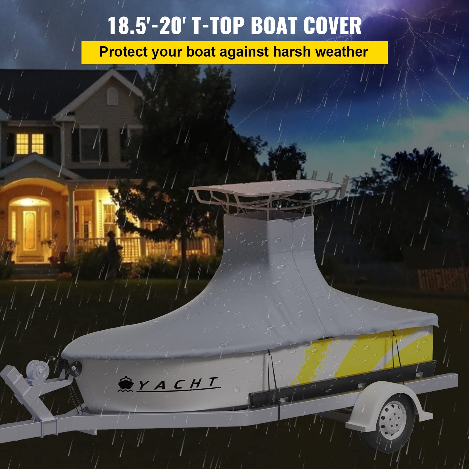 VEVOR Heavy Duty 600D Marine Grade Oxford Boat Cover for 18.5'-20' Center Console Boats - UV Resistant Waterproof T-Top Cover with 2 Support Poles & 5 Windproof Straps (Gray) - Perfect for Saltwater Fishing, Boating, and Marine Protection